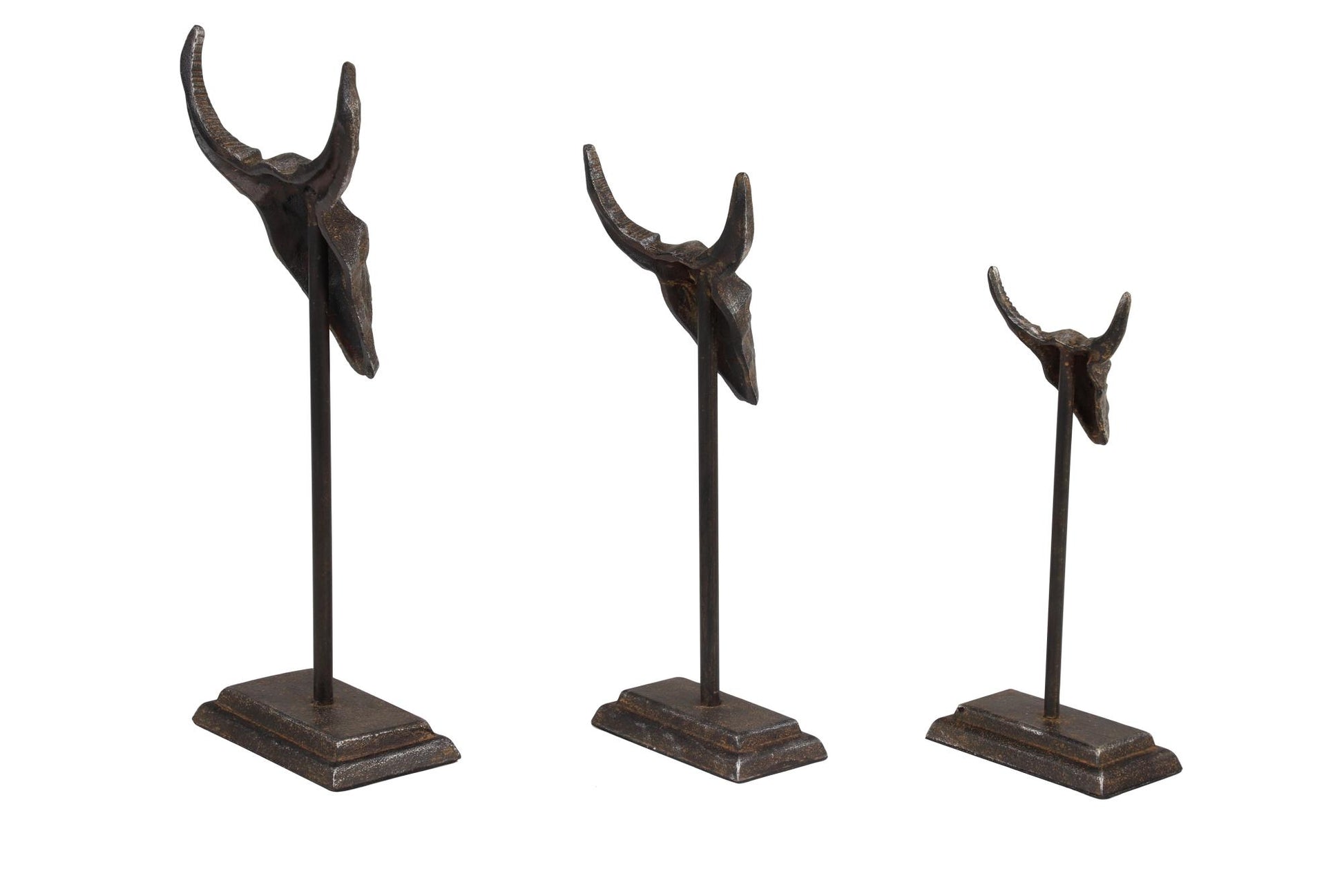 Set of 3 Bull Gray Metal Head Decorative Sculpture