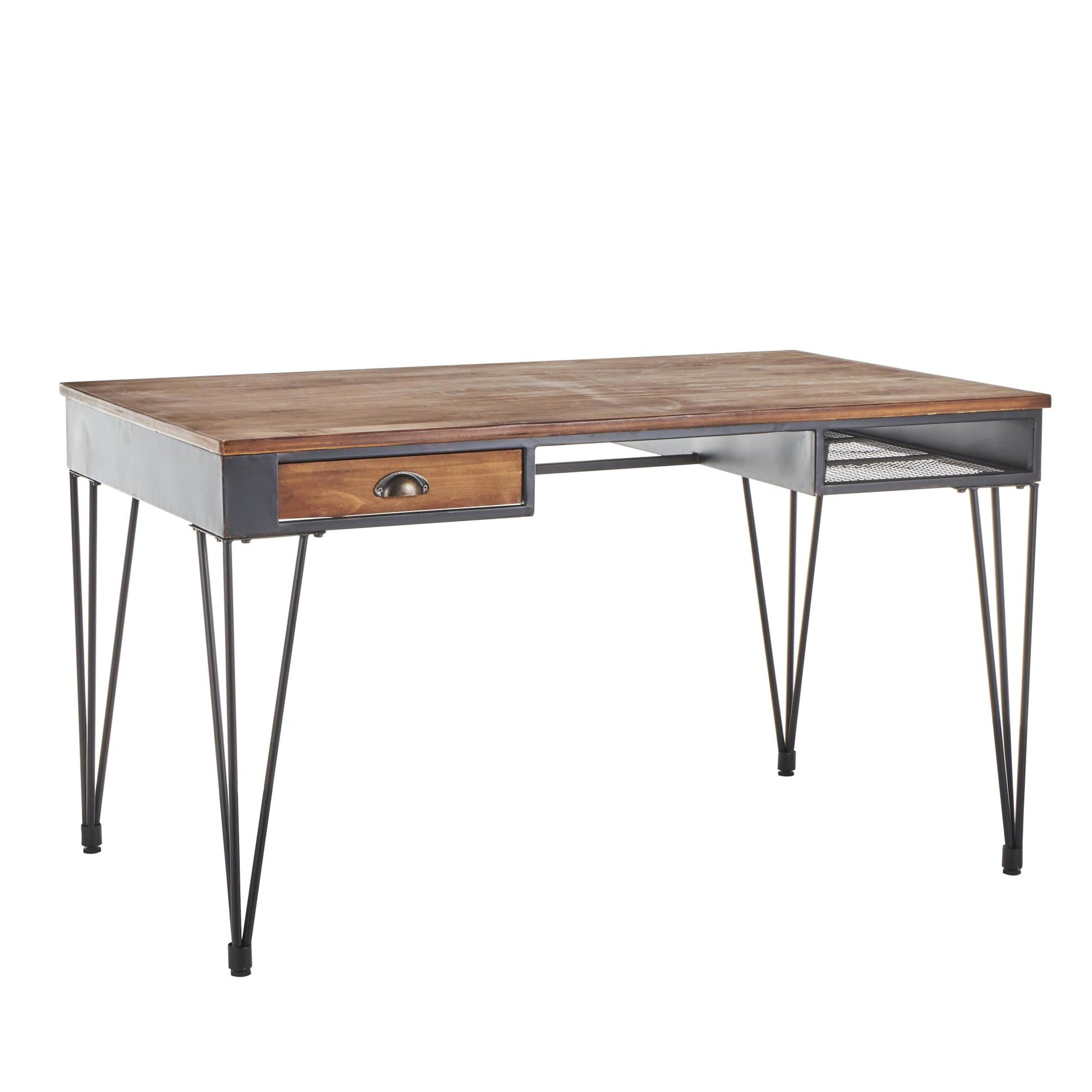 Black Metal Double Sided Living Room Desk with Brown Wooden Tabletop and Drawers