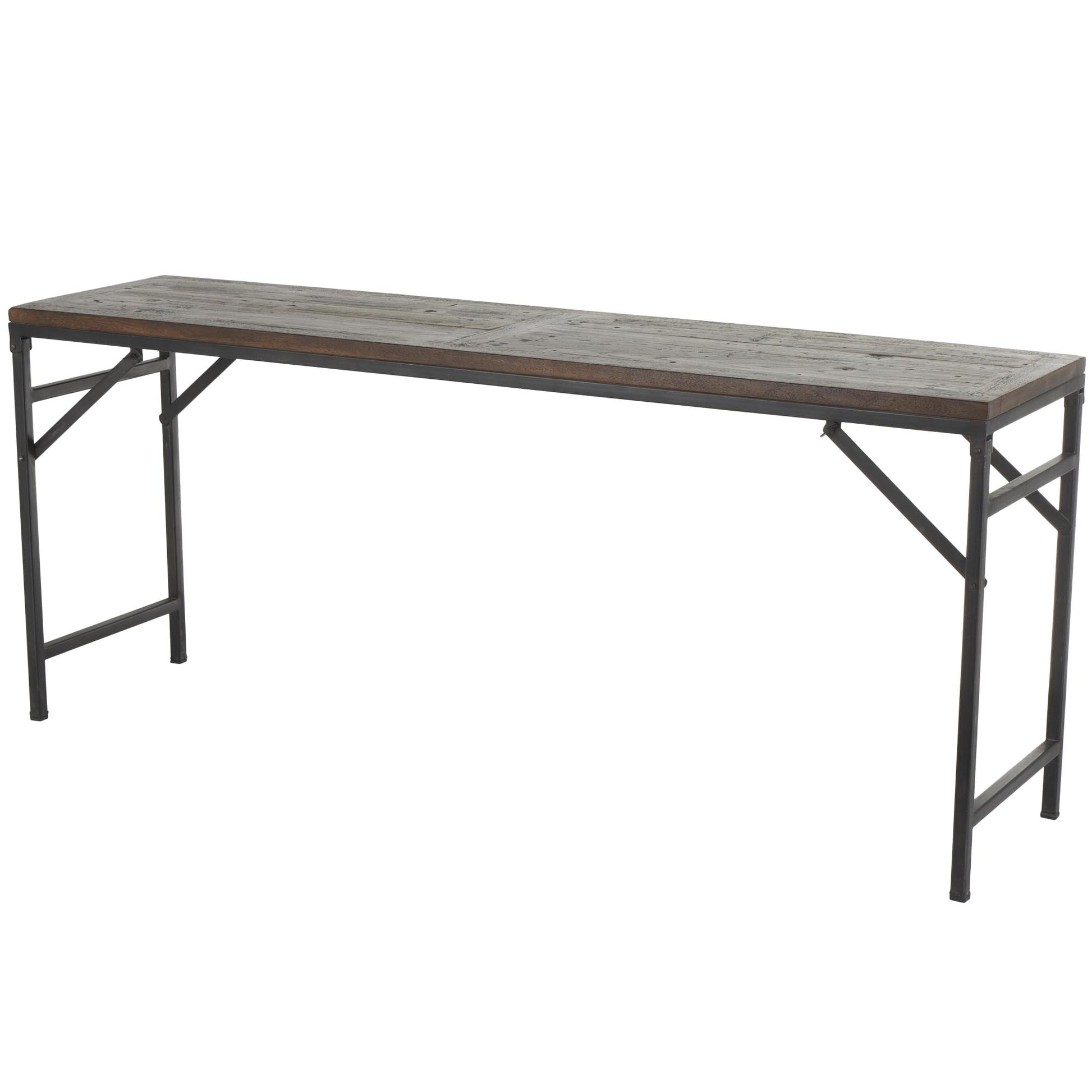 Dark Brown Teak Wood Long Living Room Console Table with Black Metal Legs