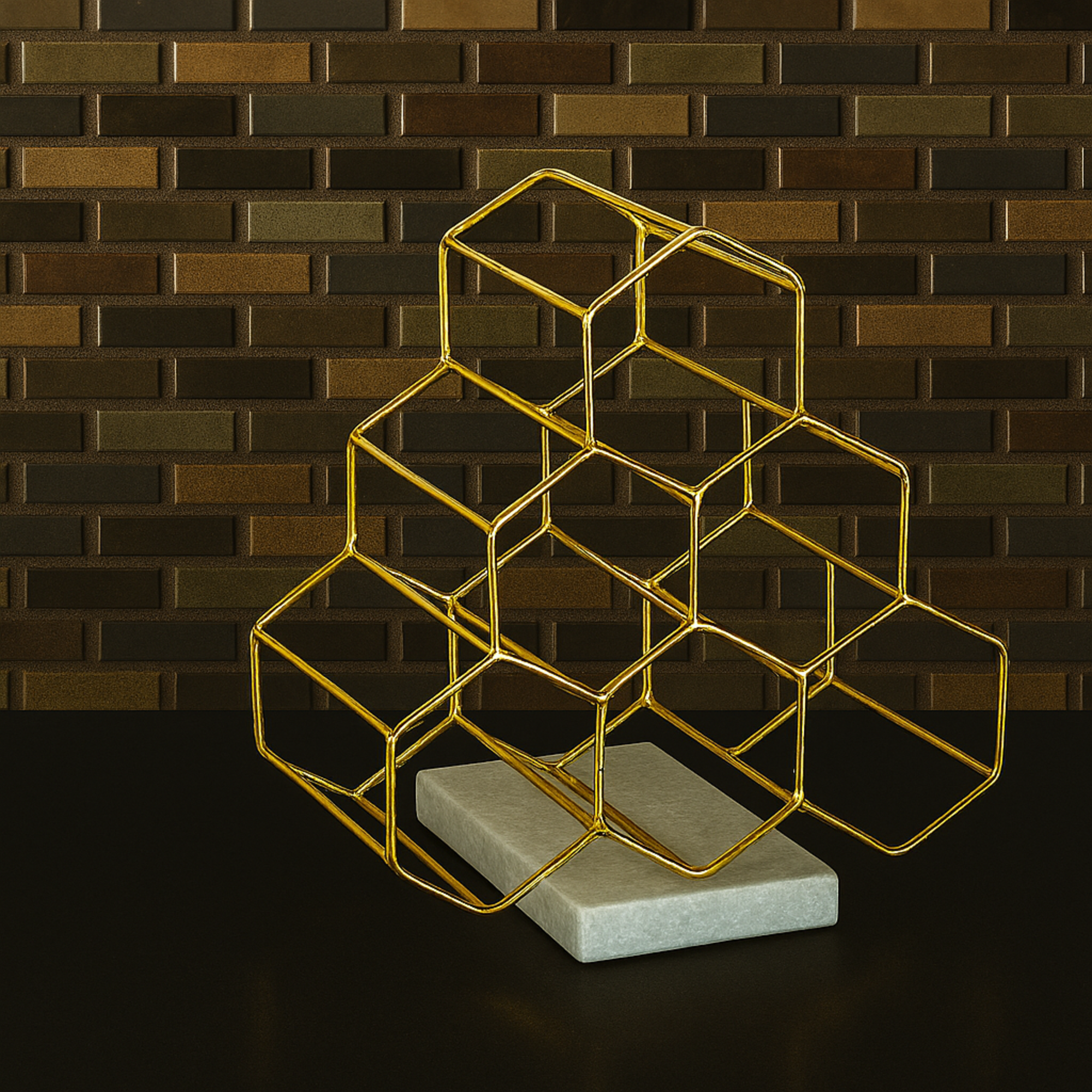 Geometric Gold Marble 6 Bottle Kitchen Wine Rack with Marble Base