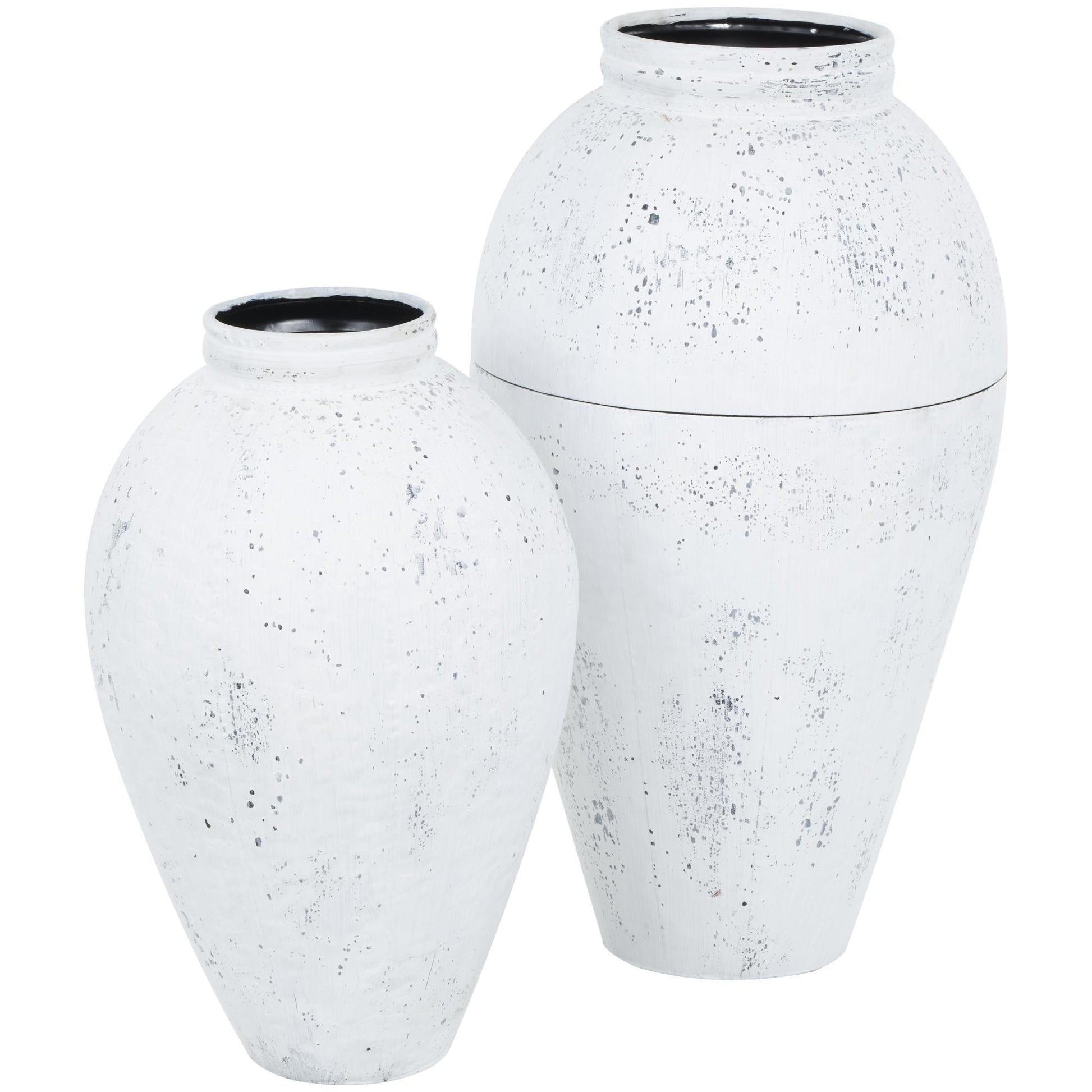Set of 2 White Metal Tall Distressed Pot Floor Decorative Vase