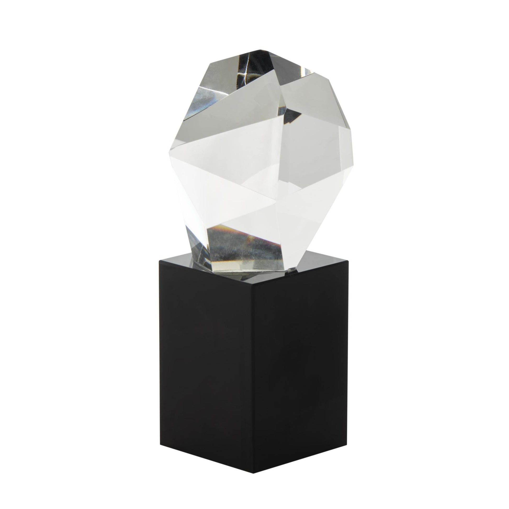 Geometric Clear Glass Cut Stone Inspired Decorative Sculpture with Black Base