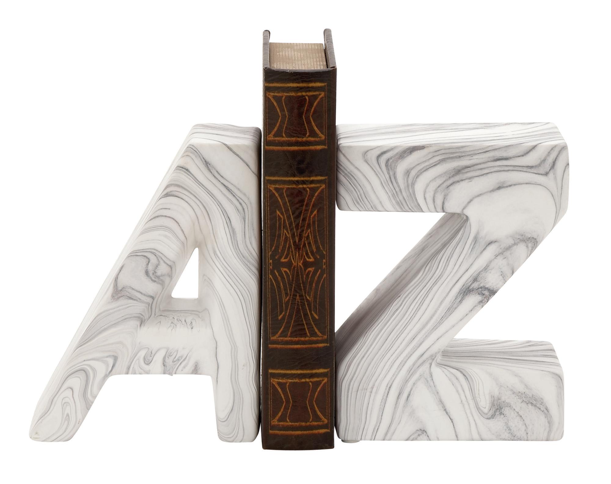 CosmoLiving by Cosmopolitan Set of 2 Text White Ceramic A Z Decorative Bookends with Faux Marble Finish