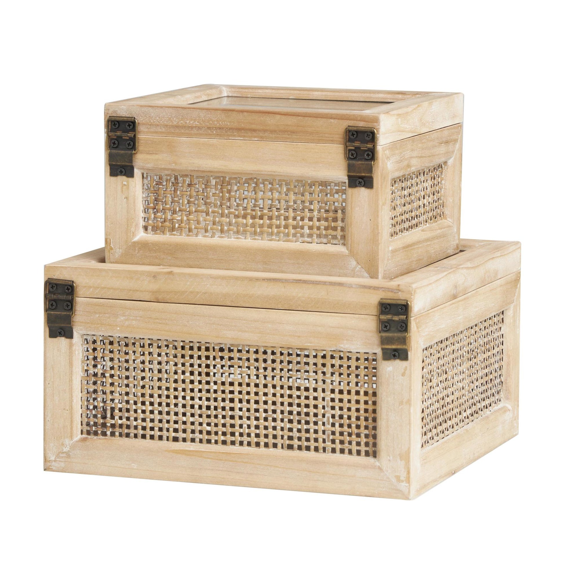 Set of 2 Light Brown Wood Glass Top Decorative Box with Rattan Side Panels and Bronze Hook Closures