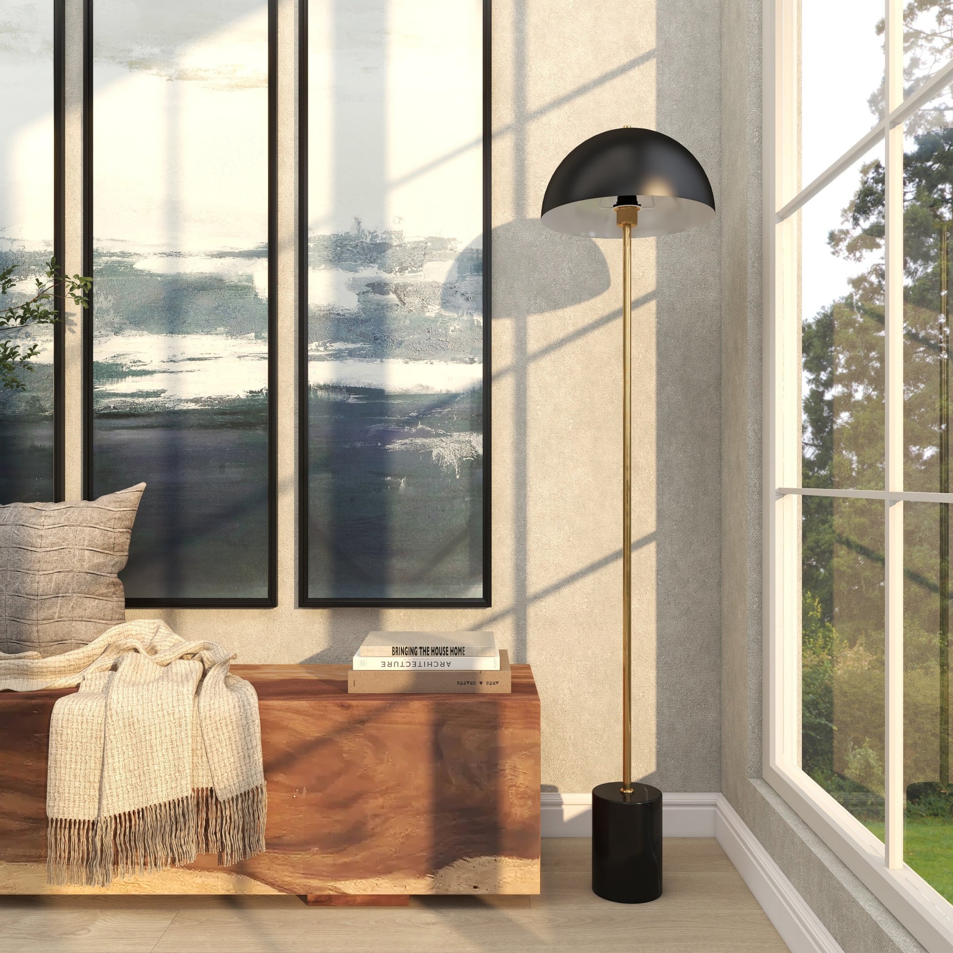 Metal Umbrella Style Room Floor Lamp with Black Marble Base