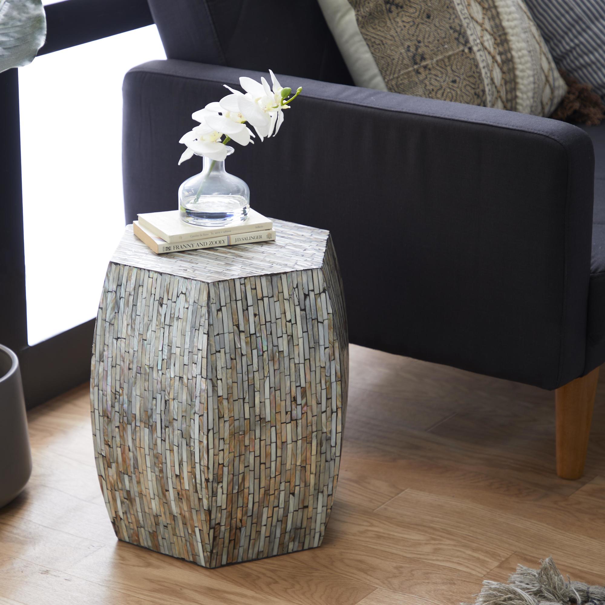 Geometric Gray Mother of Pearl Shell Handmade Shell Mosaic Hexagon Side End Accent Table with Brown Accents