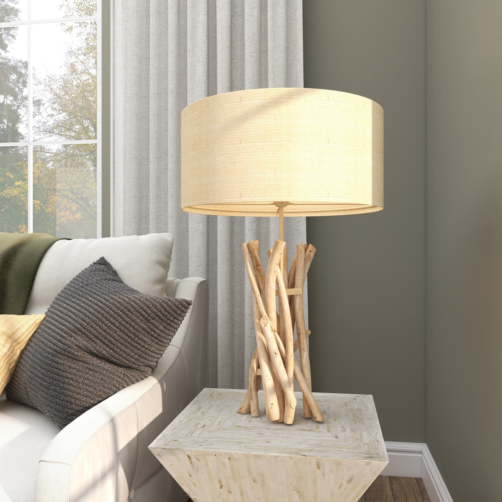 Light Brown Driftwood Handmade Room Table Lamp with Cream Linen Shade