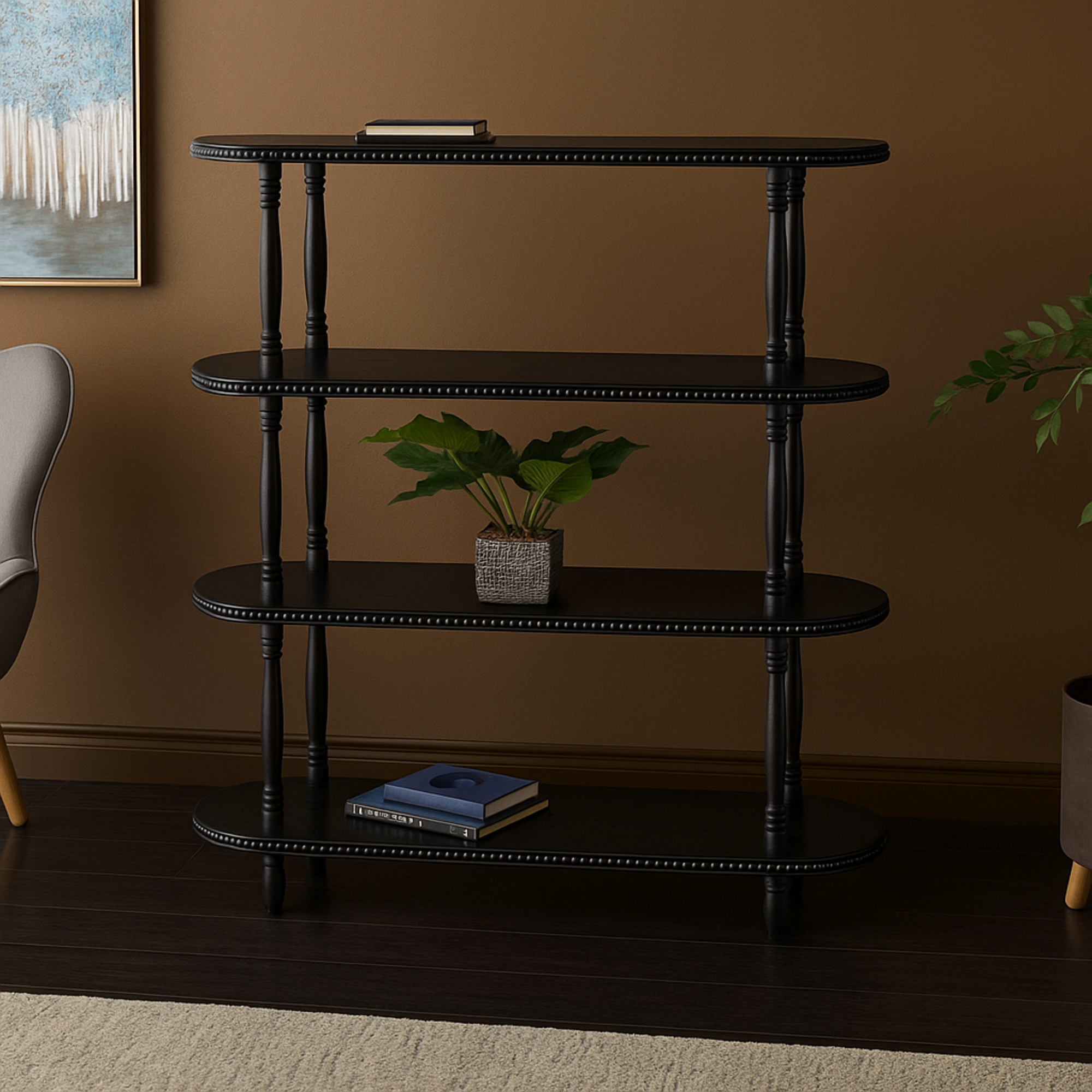 Black Wooden Oval 3 Shelf Storage Shelving Unit with Turned Legs and Beaded Edges