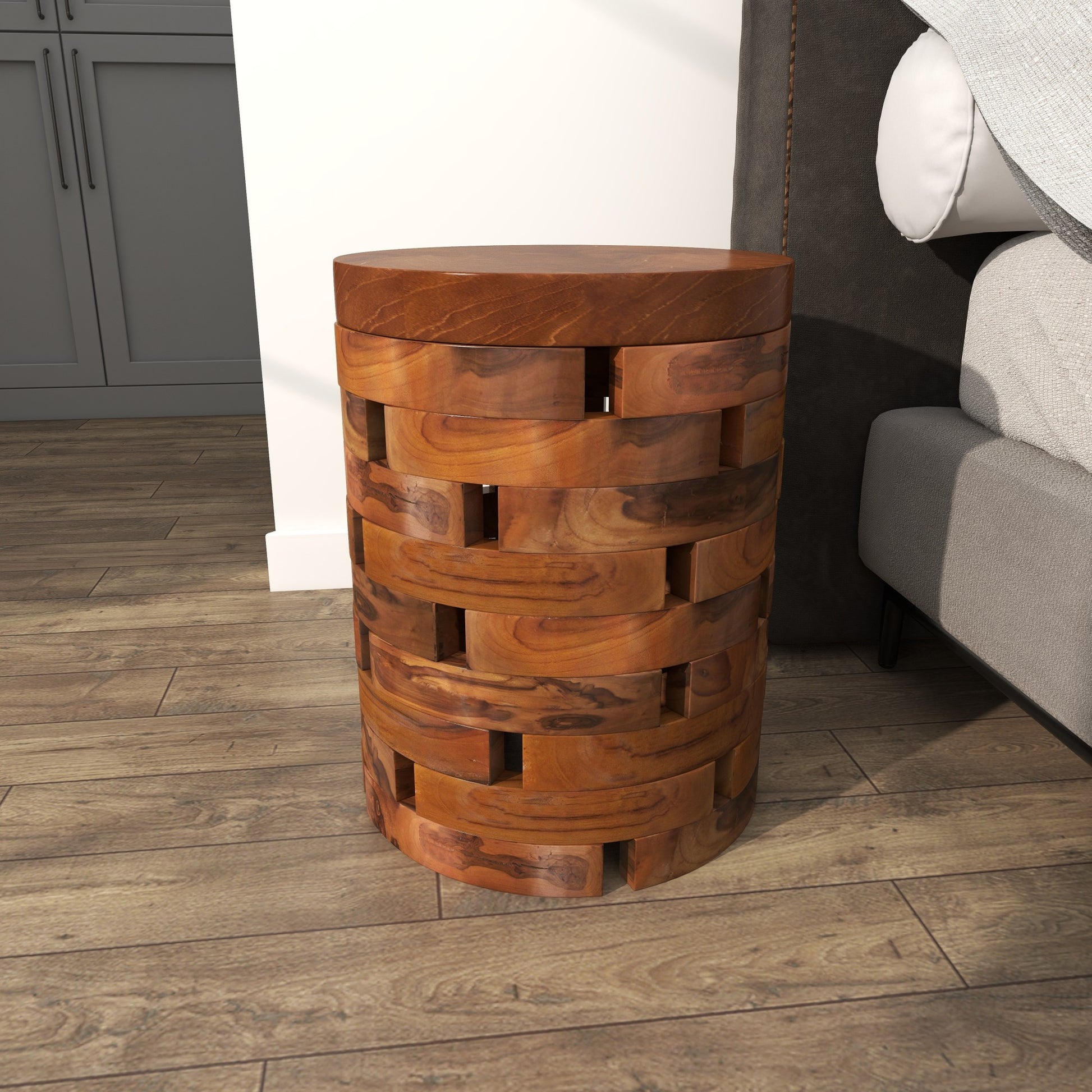Teak Wood Handmade Live Edge Side End Accent Table with Brick Inspired Design