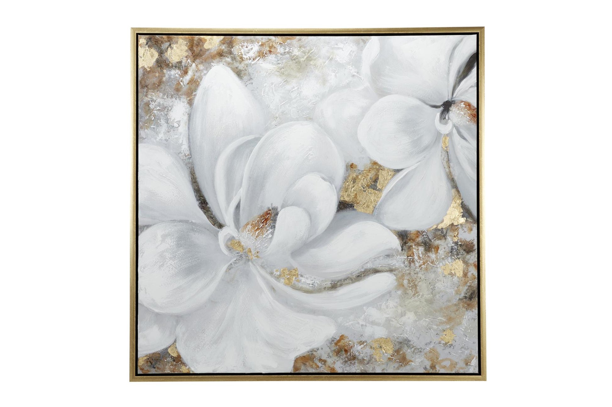 Floral White Canvas Handmade Living Room Framed Wall Art with Gold Frame