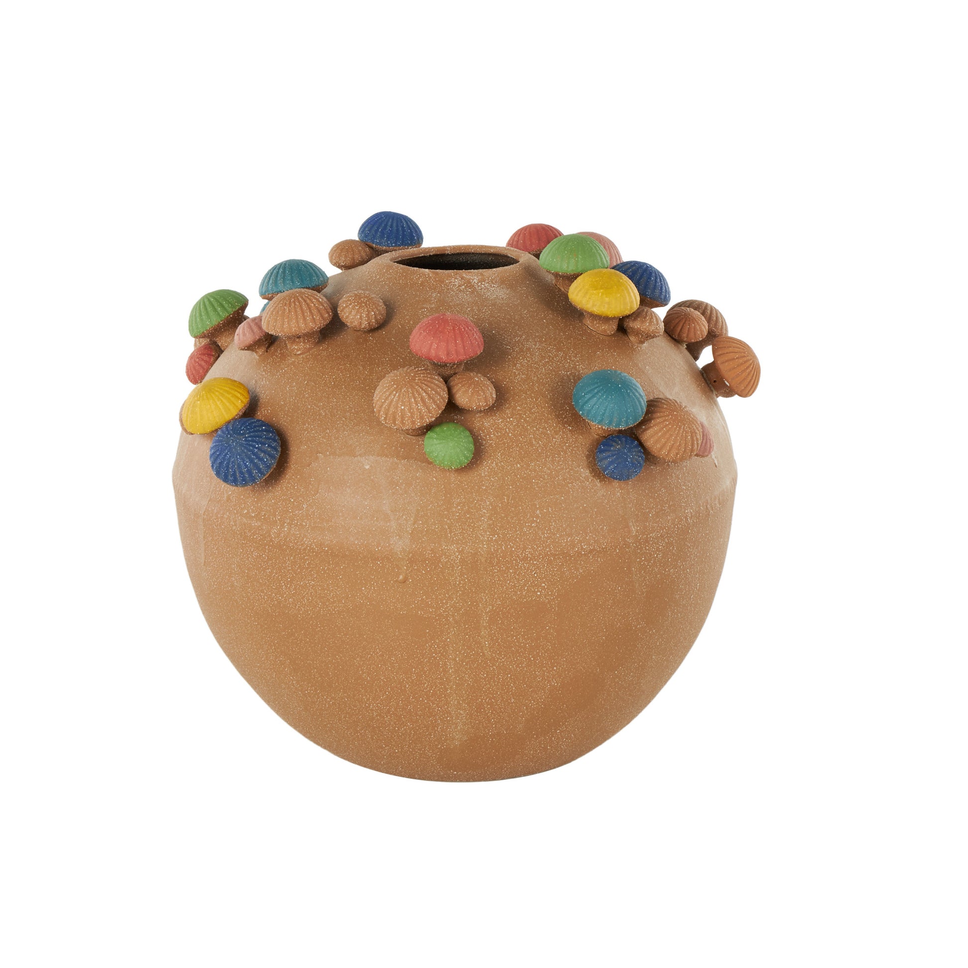 Mushroom Brown Ceramic Round Wide Decorative Vase with Multicolor Accents and White Speckles