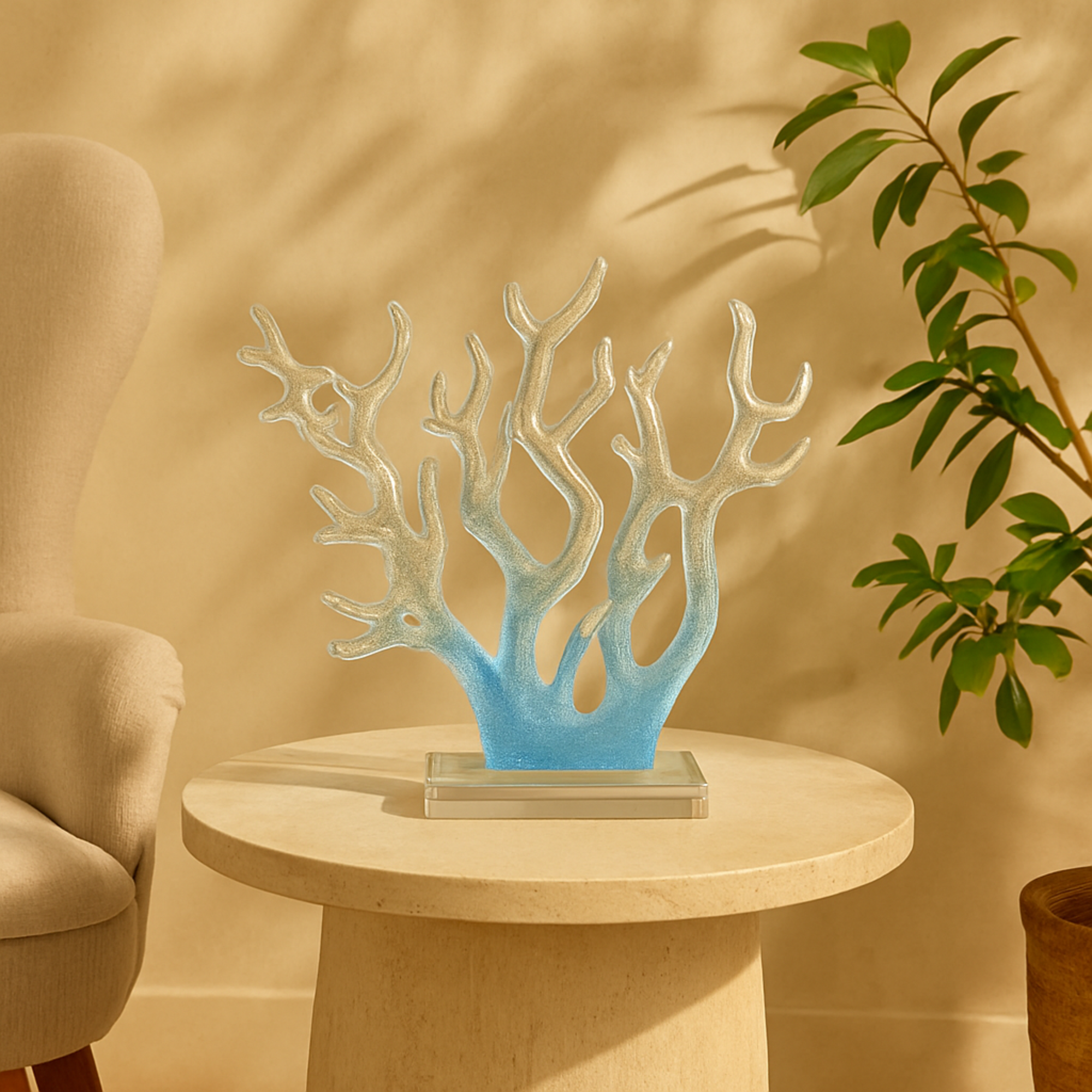 Coral Blue Glass Ombre Decorative Sculpture with Clear Rectangle Base
