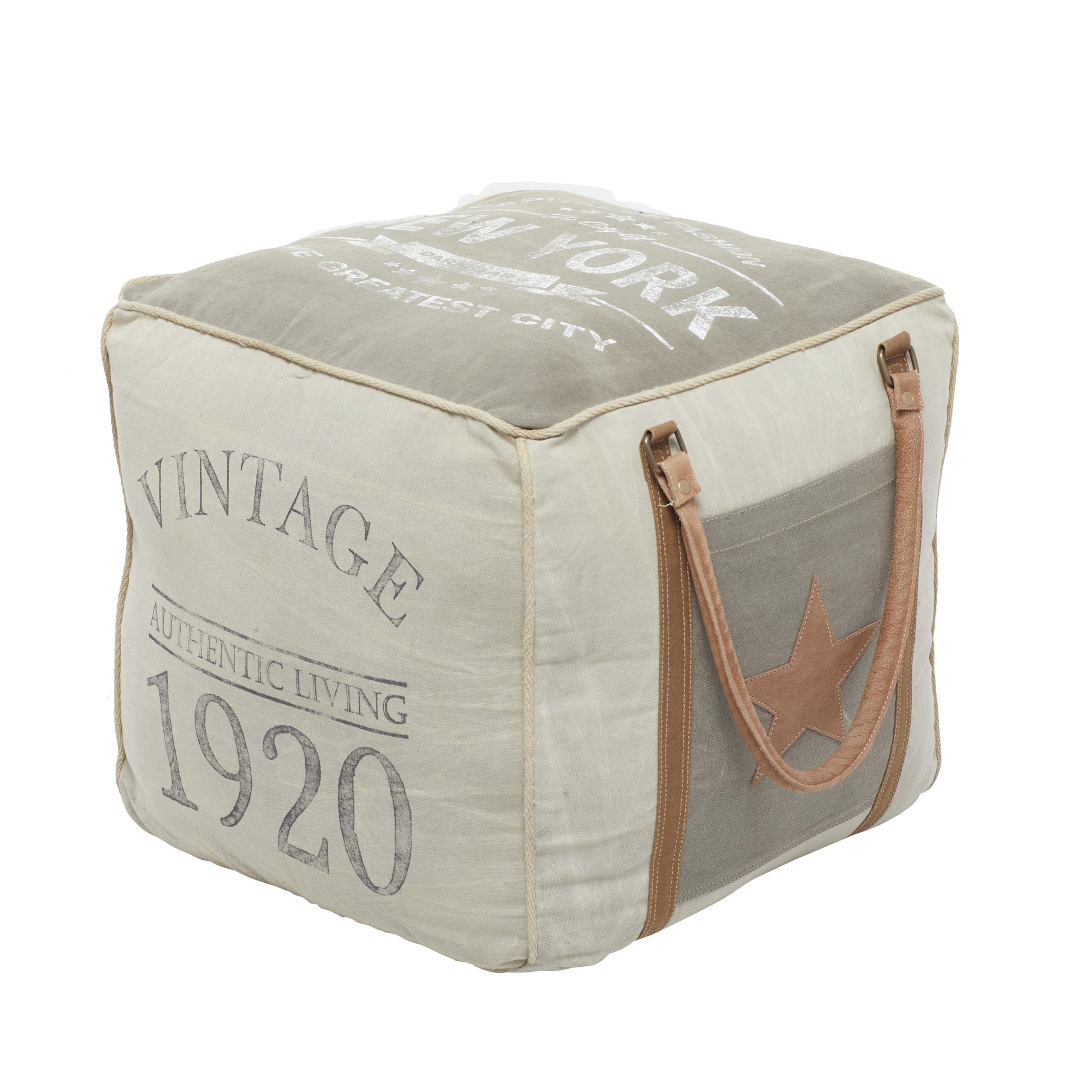 Star Canvas Stuffed Pouf with Leather Accents