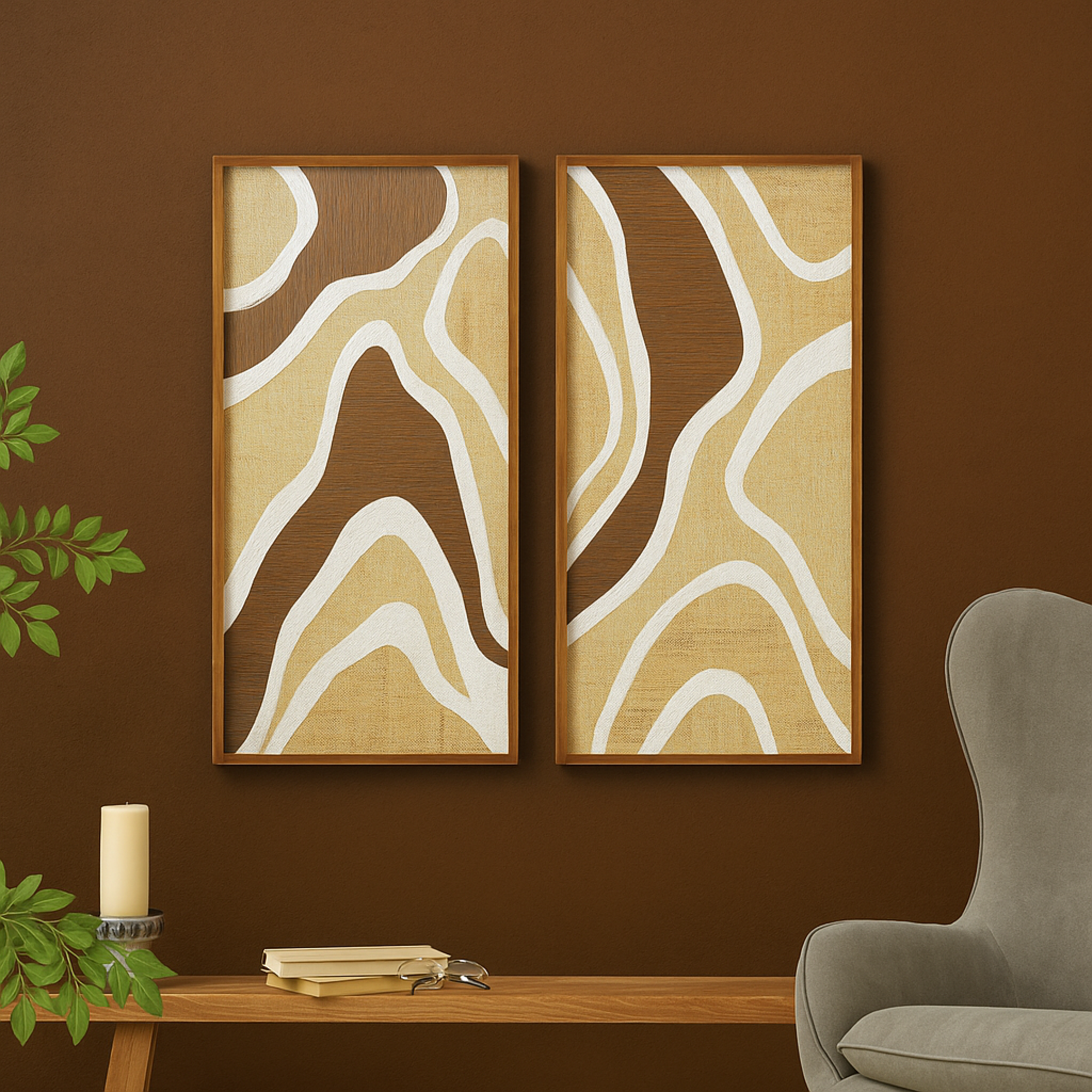 Set of 2 Abstract Brown Wood Textured Wavy Living Room Framed Wall Art with White and Tan Accents
