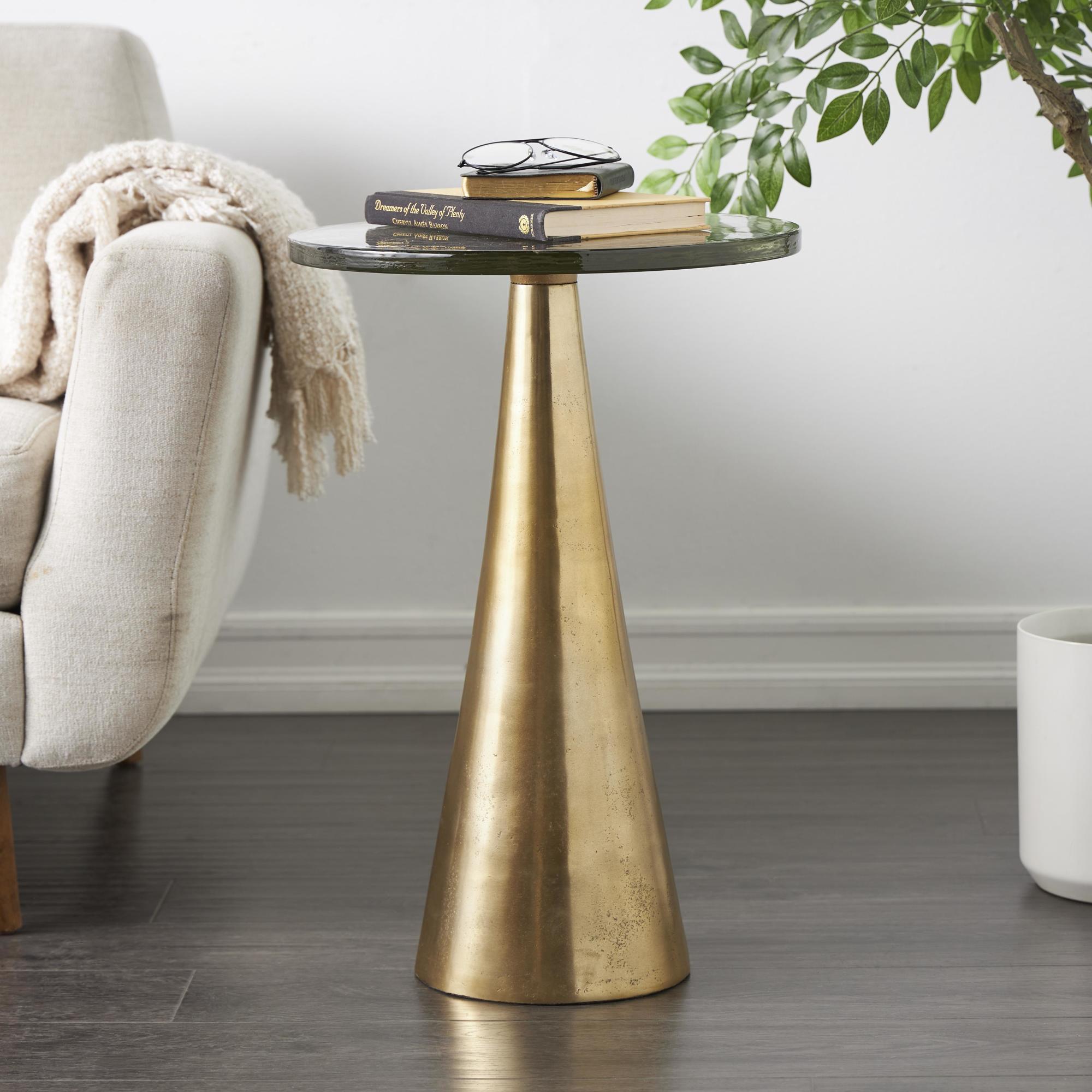 Geometric Aluminum Metal Cone Side End Accent Table with Textured Glass Tabletop