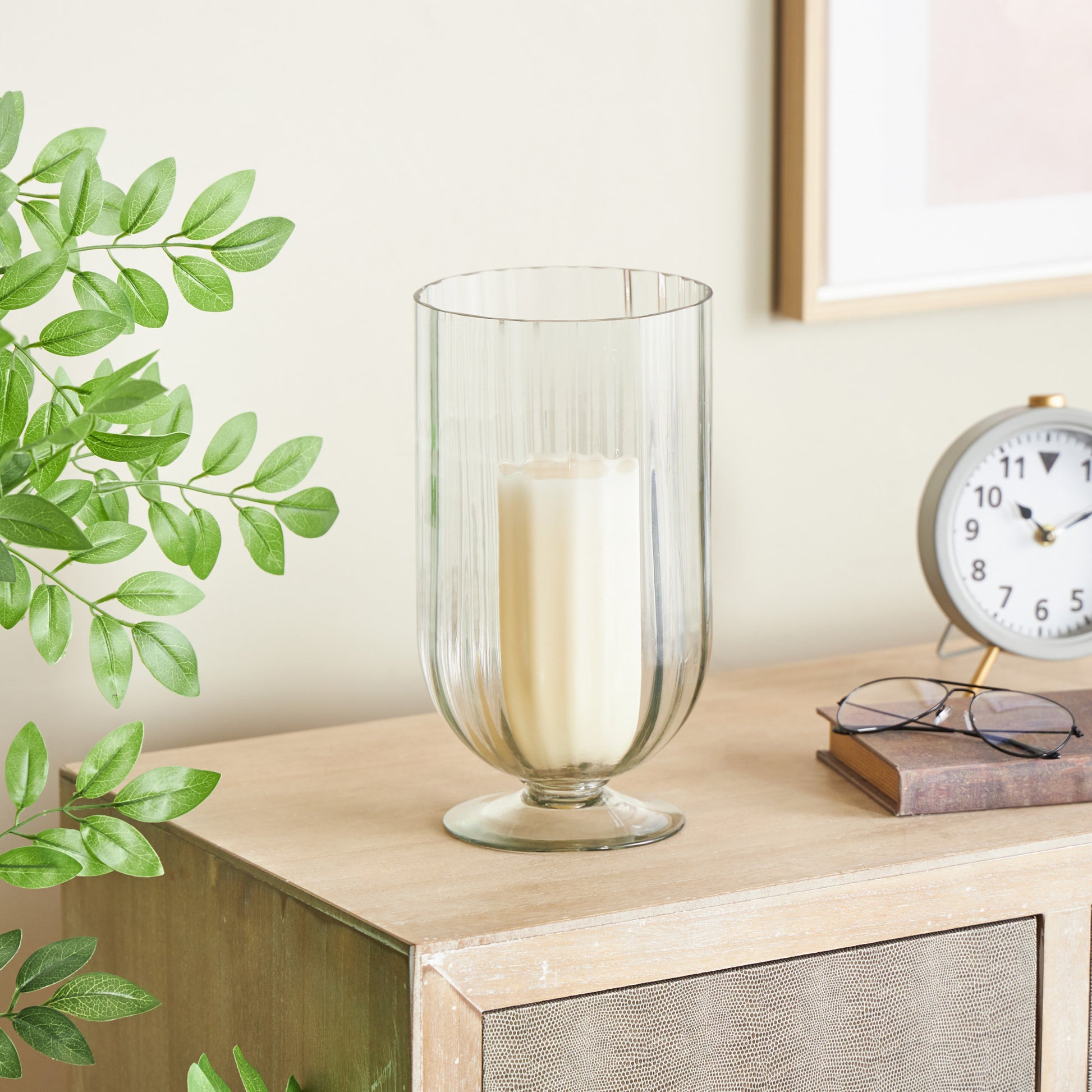 Glass Ribbed Fluted Decorative Candle Holder with Elevated Base 6" x 6" x 11"