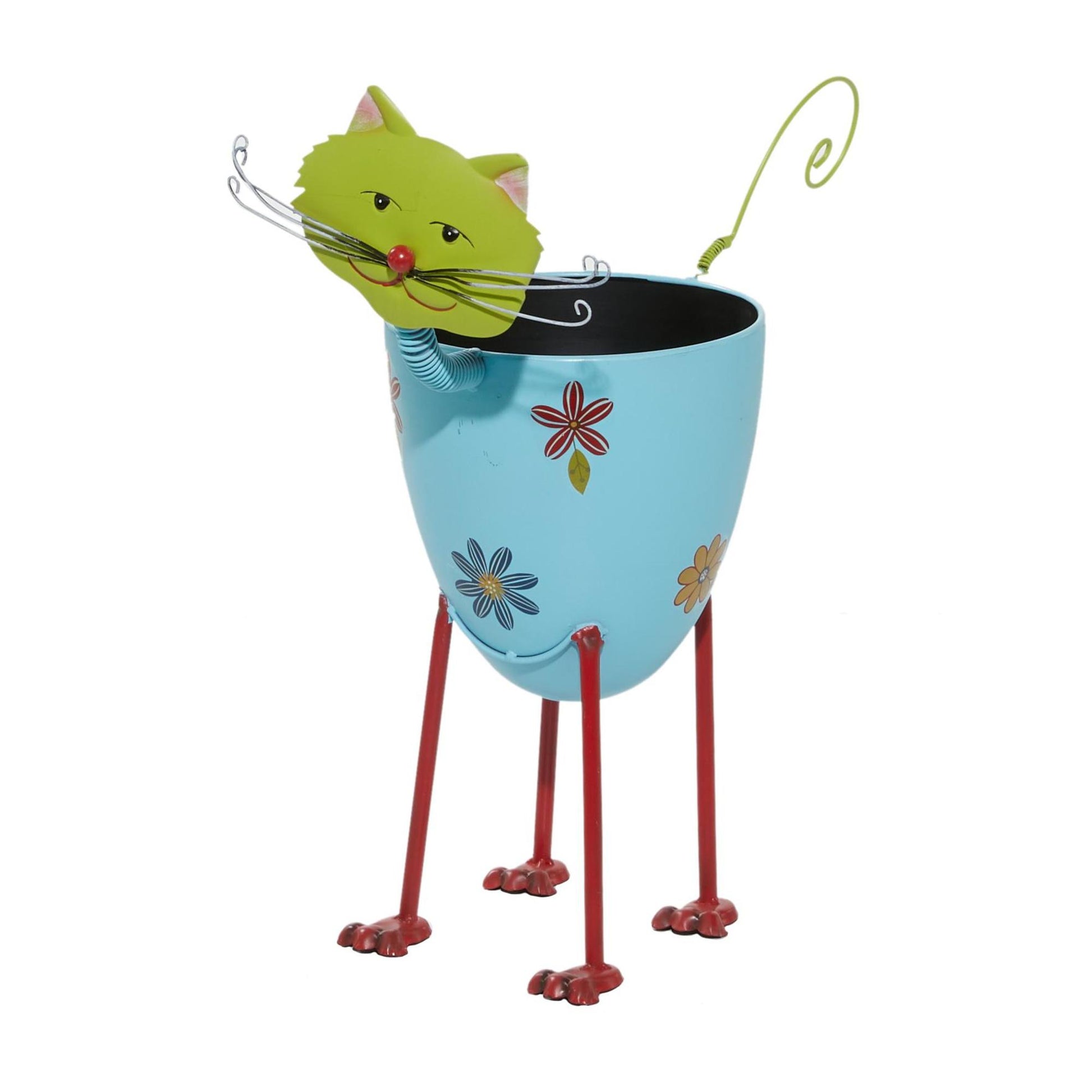 Cat Blue Metal Indoor Outdoor Planter with Flower Pattern