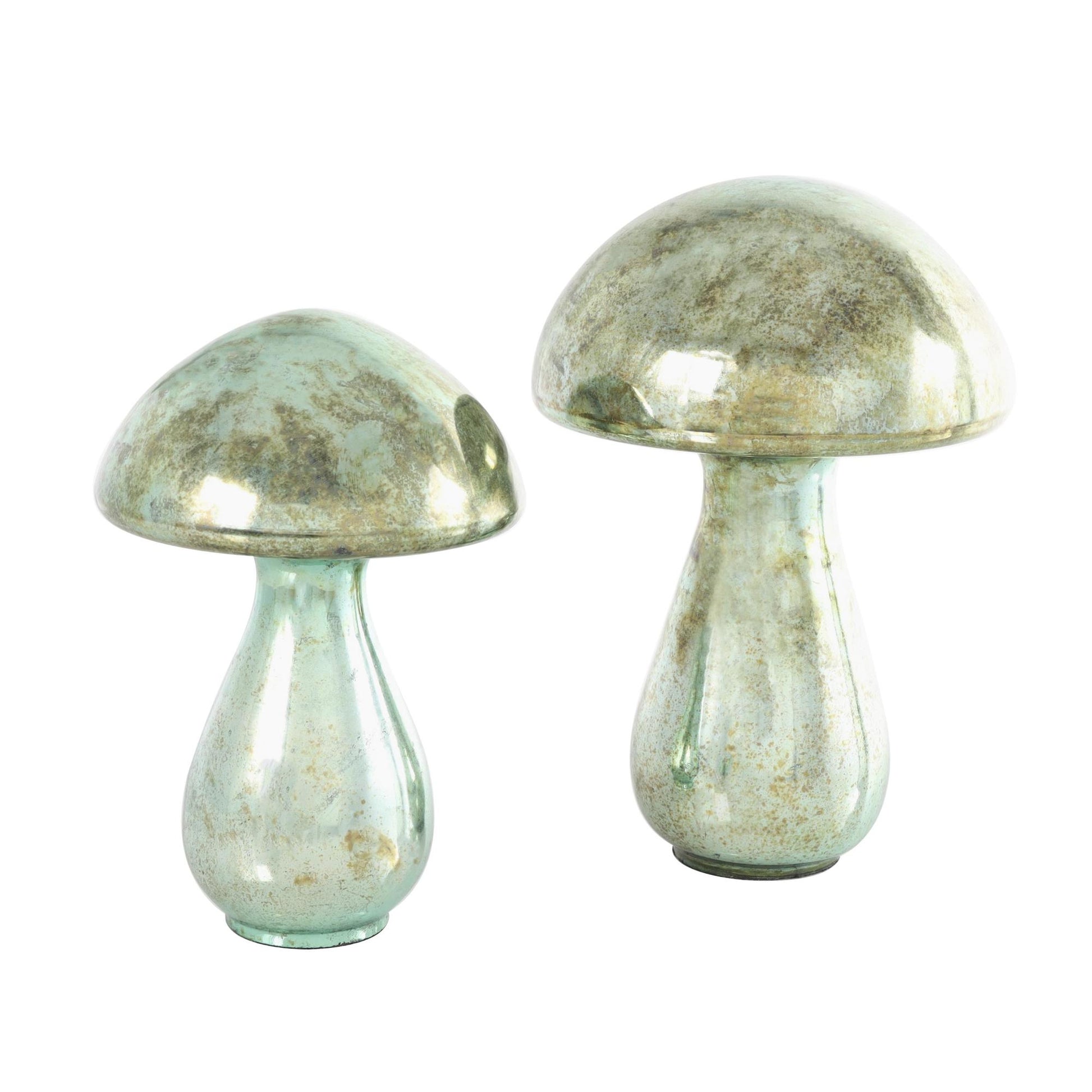 Set of 2 Mushroom Glass Handmade Glossy Weathered Decorative Sculpture