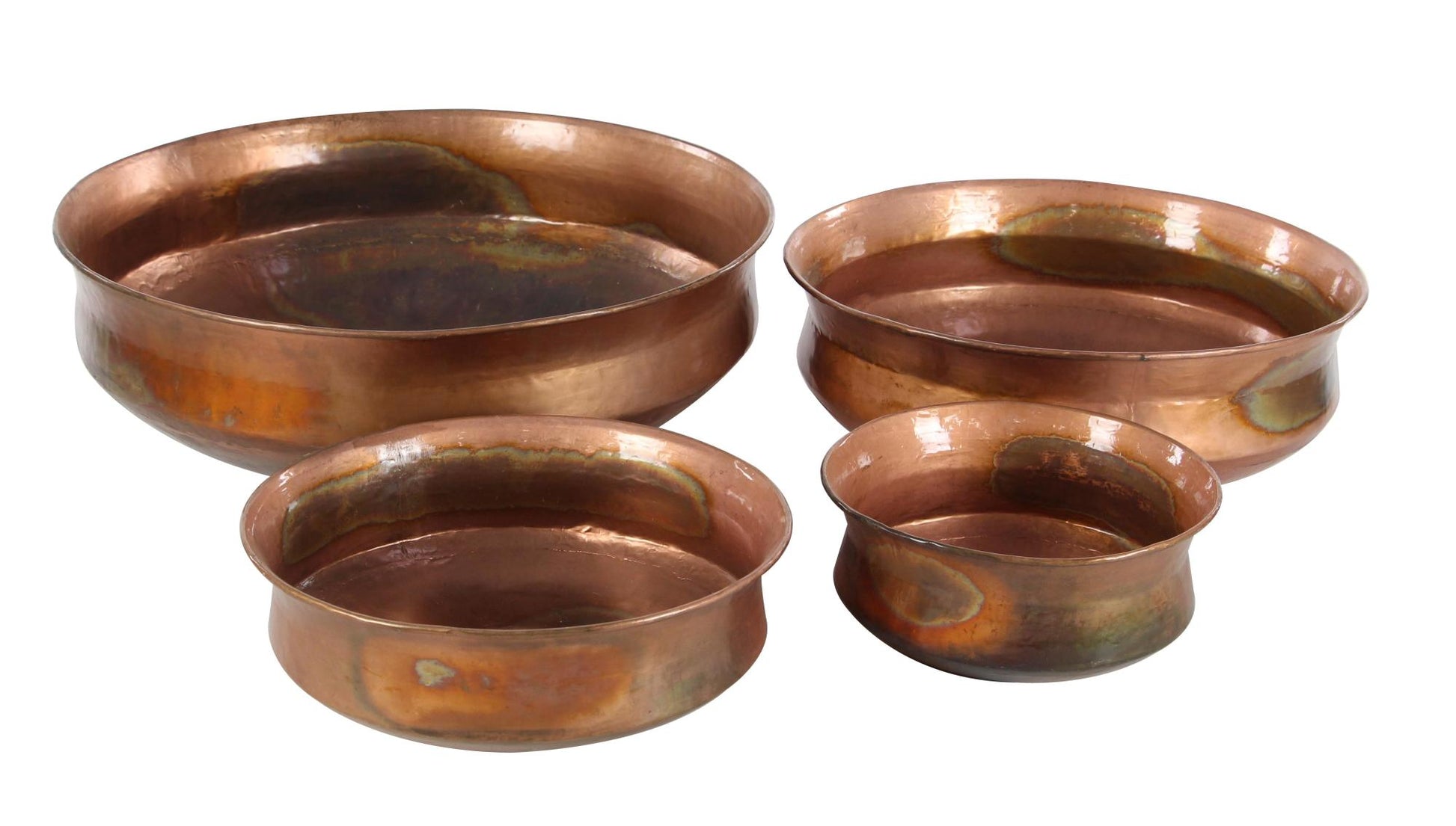 Set of 4 Copper Metal Wide Weathered Low Bowl Indoor Outdoor Planter
