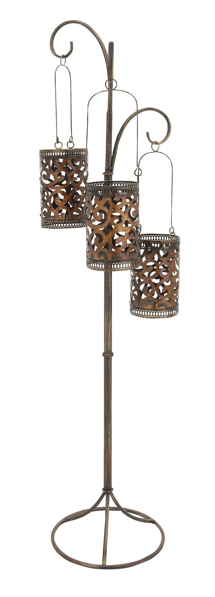 Scroll Brass Metal Perforated Moroccan Standing Floor Indoor Outdoor Candle Lantern with 3 Suspended Holders