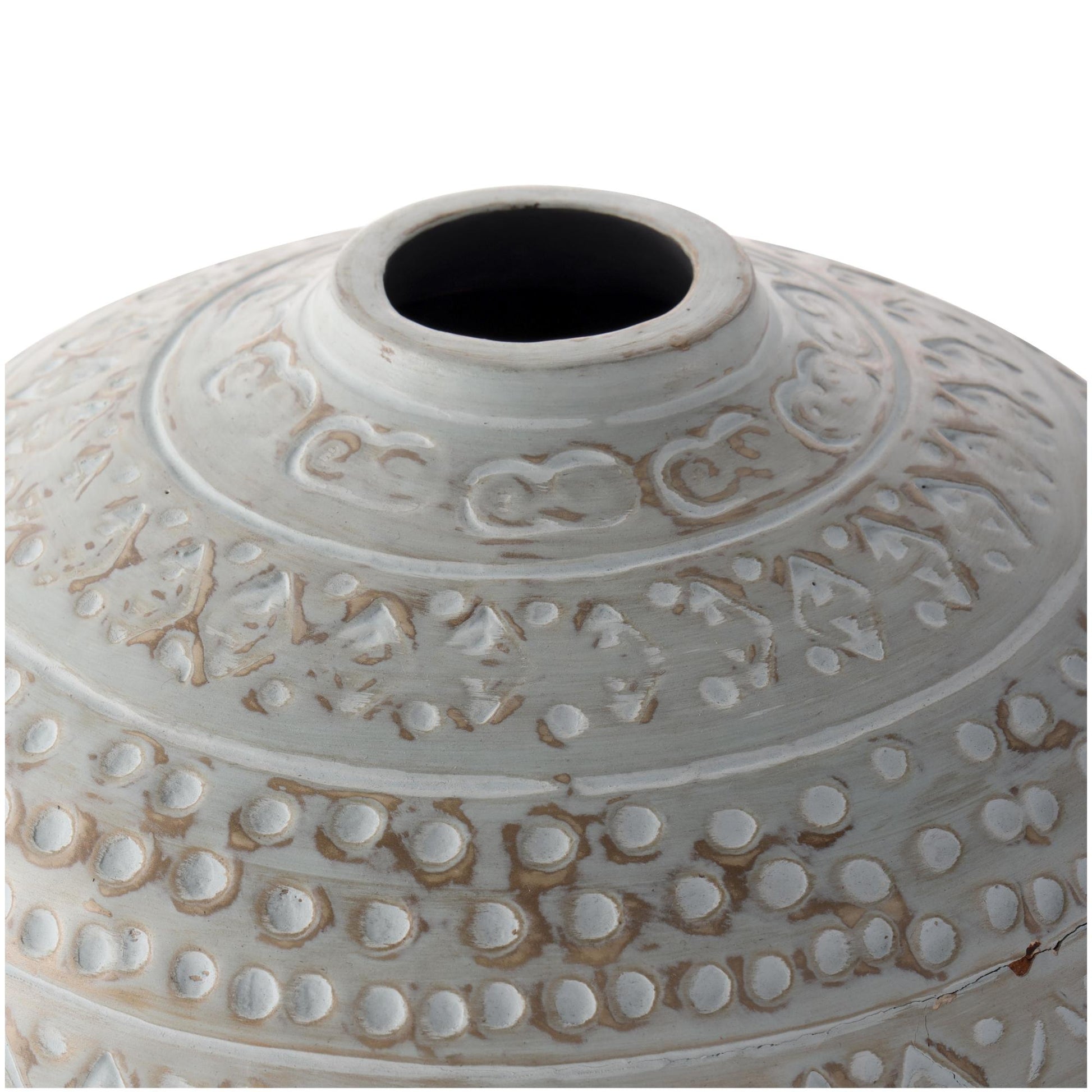 Green Ceramic Handmade Antique Style Wide Rounded Decorative Vase with Geometric Tribal Carvings