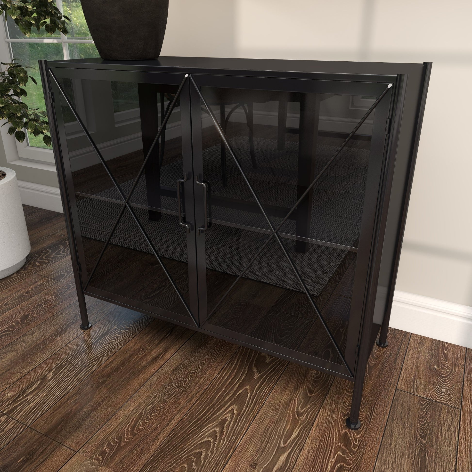 Geometric Metal 1 Shelf and 2 Doors Room Cabinet with Glass Front Panels 33" x 14" x 30"