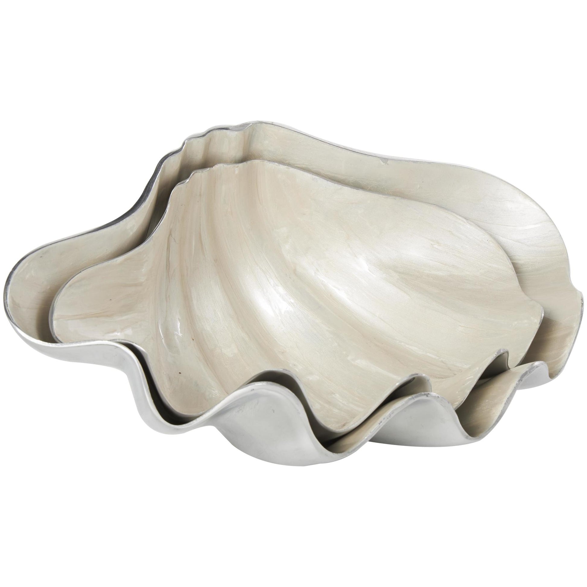 Set of 2 Shell Aluminum Metal Enameled Large Decorative Bowl with Silver Metal Exterior