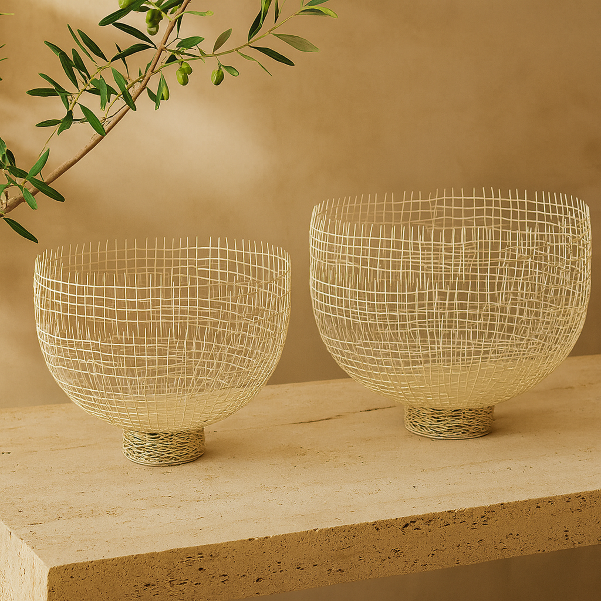 Set of 2 Gold Metal Large Decorative Bowl with Cross Hatching Patterns