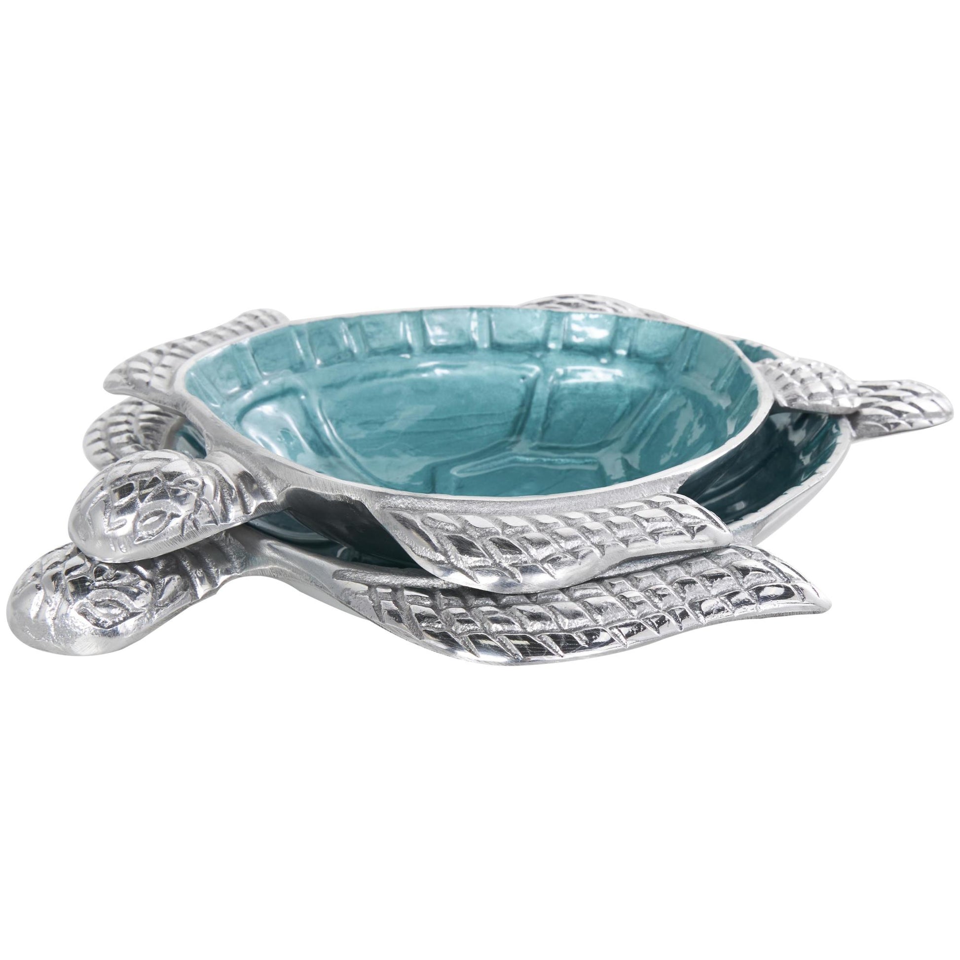 Set of 2 Turtle Aluminum Metal Handmade Enameled Large Decorative Bowl with Silver Metal Exterior