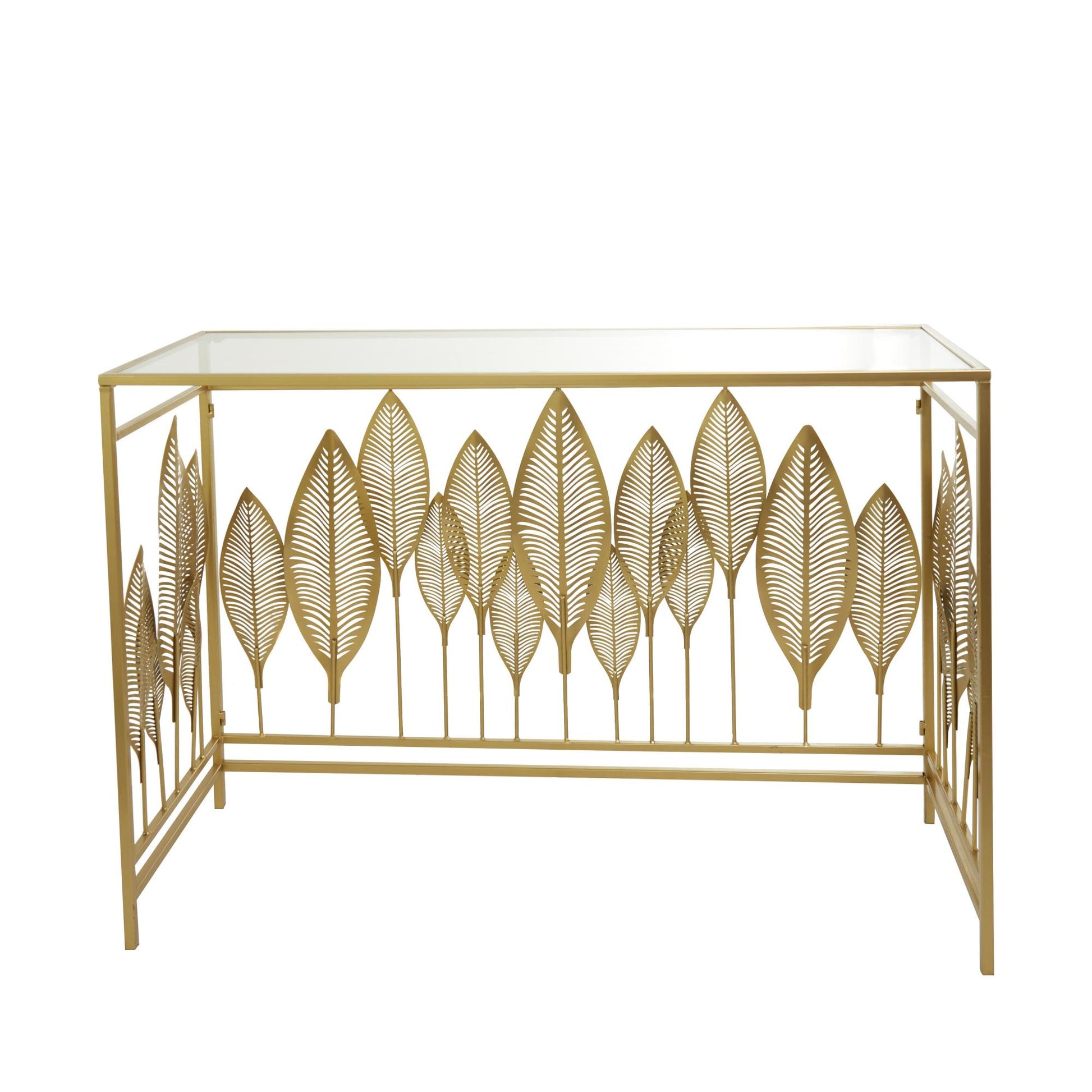 Leaf Metal Rectangular Living Room Console Table with Mirrored Glass Top and Gold Accents