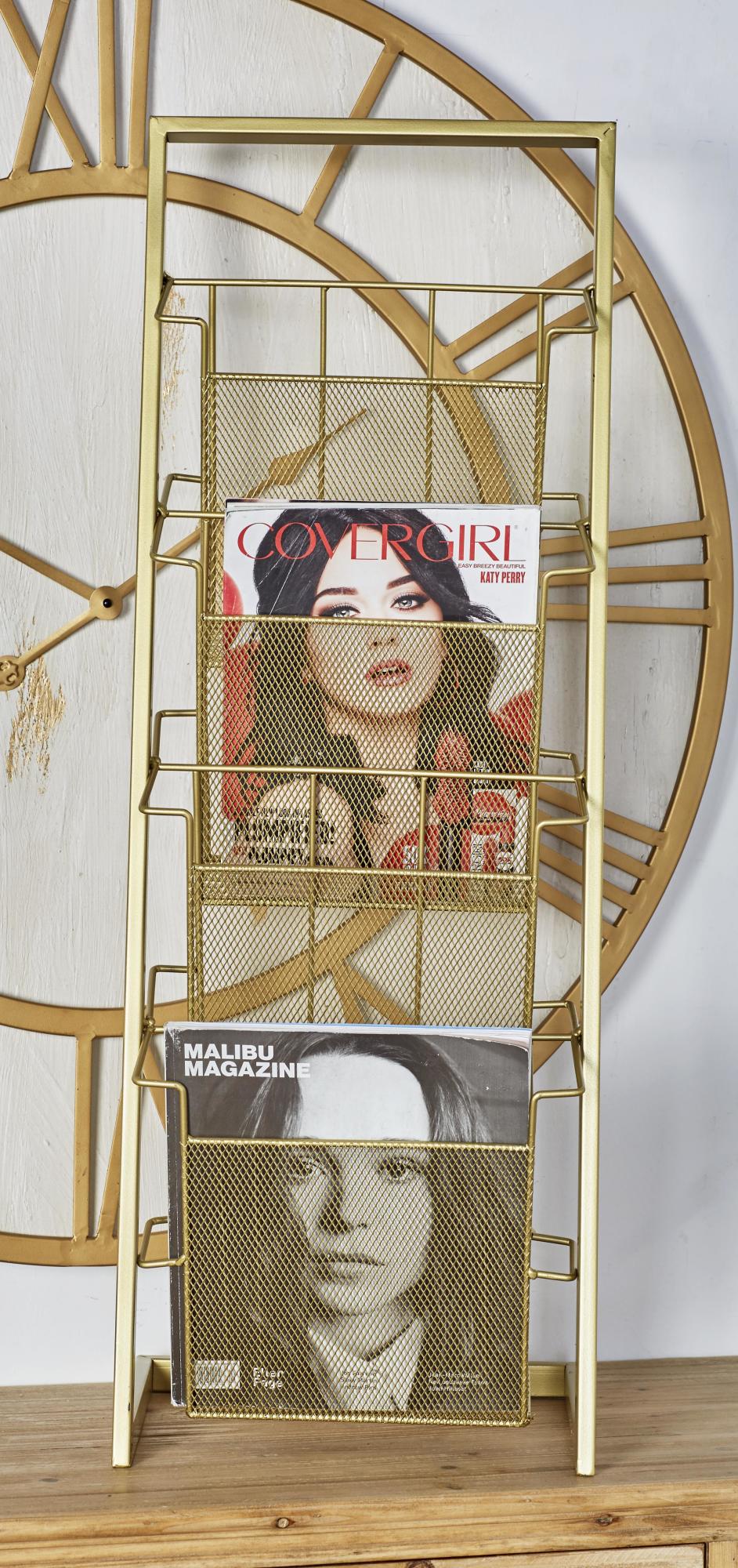Gold Metal 4 Slot Decorative Magazine Holder with Tall Stand