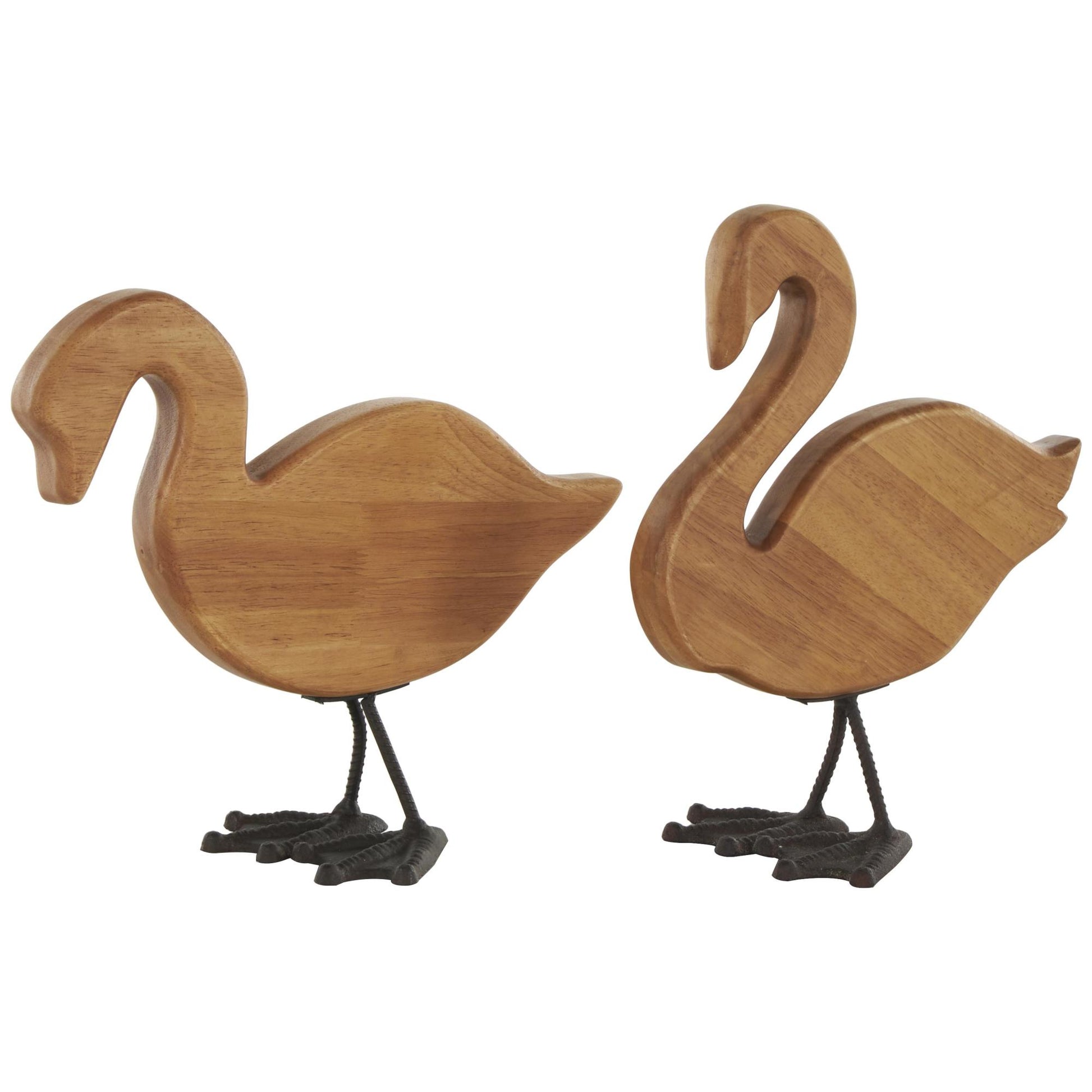Set of 2 Duck Brown Wood Abstract Decorative Garden Sculpture with Black Metal Feet