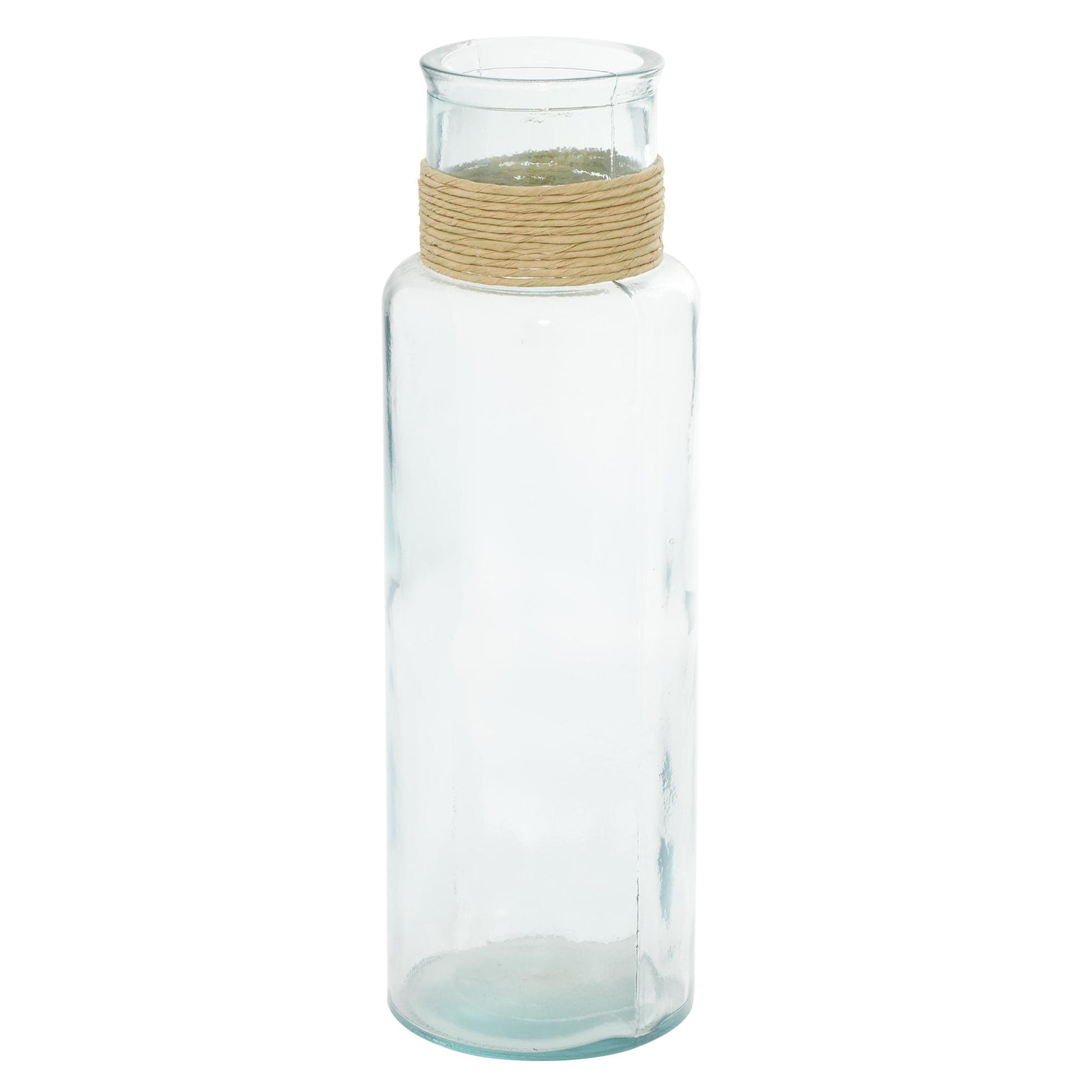 Teal Recycled Glass Handmade Slim Spanish Bottle Neck Decorative Vase with Wrapped Rattan Neck