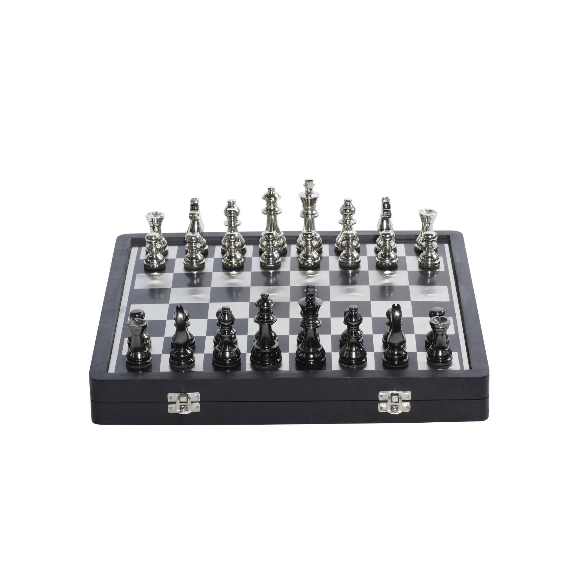 Chess Black Aluminum Metal Home Decor Game Set with Storage Compartment