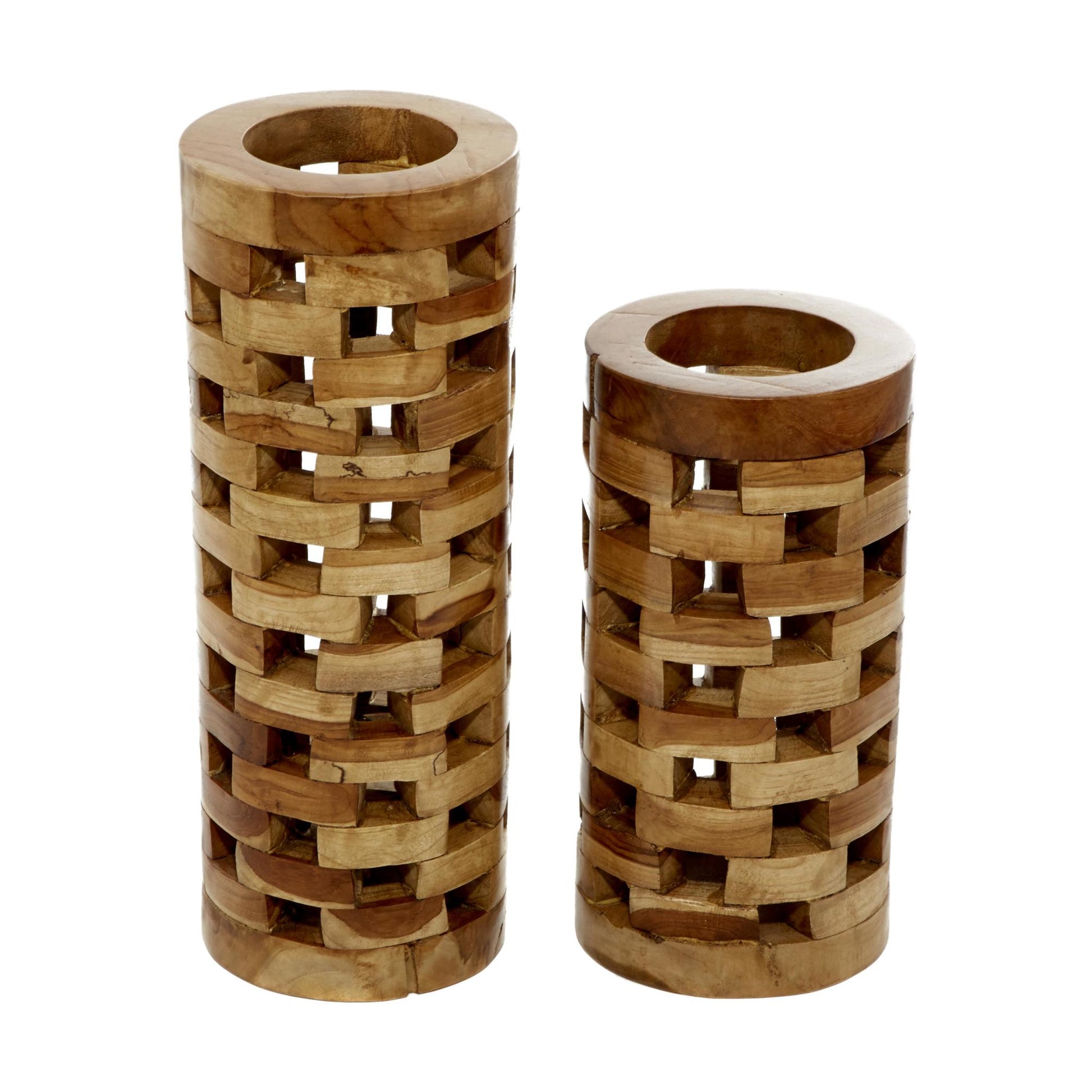 Set of 2 Brown Teak Wood Handmade Decorative Vase with Cut Out Patterns