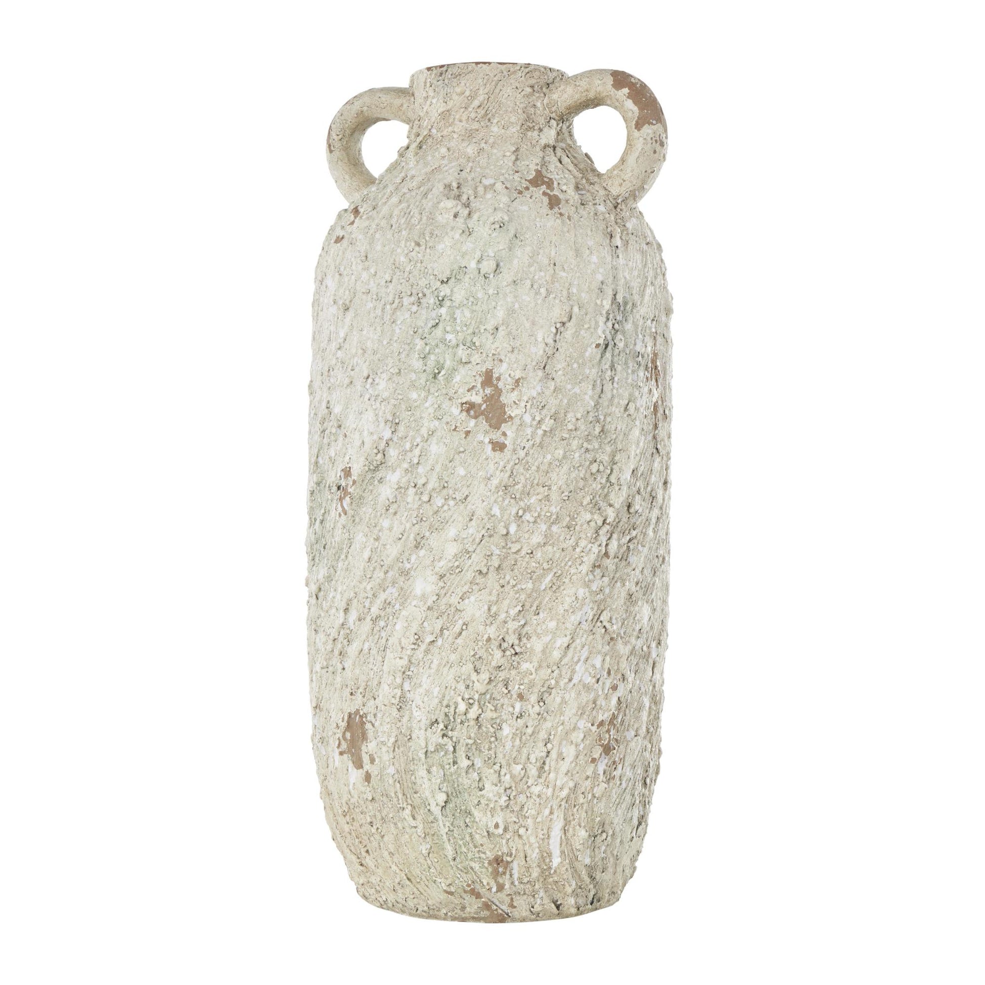 Cream Magnesium Oxide Antique Textured Amphora Decorative Vase with 2 Small Handles
