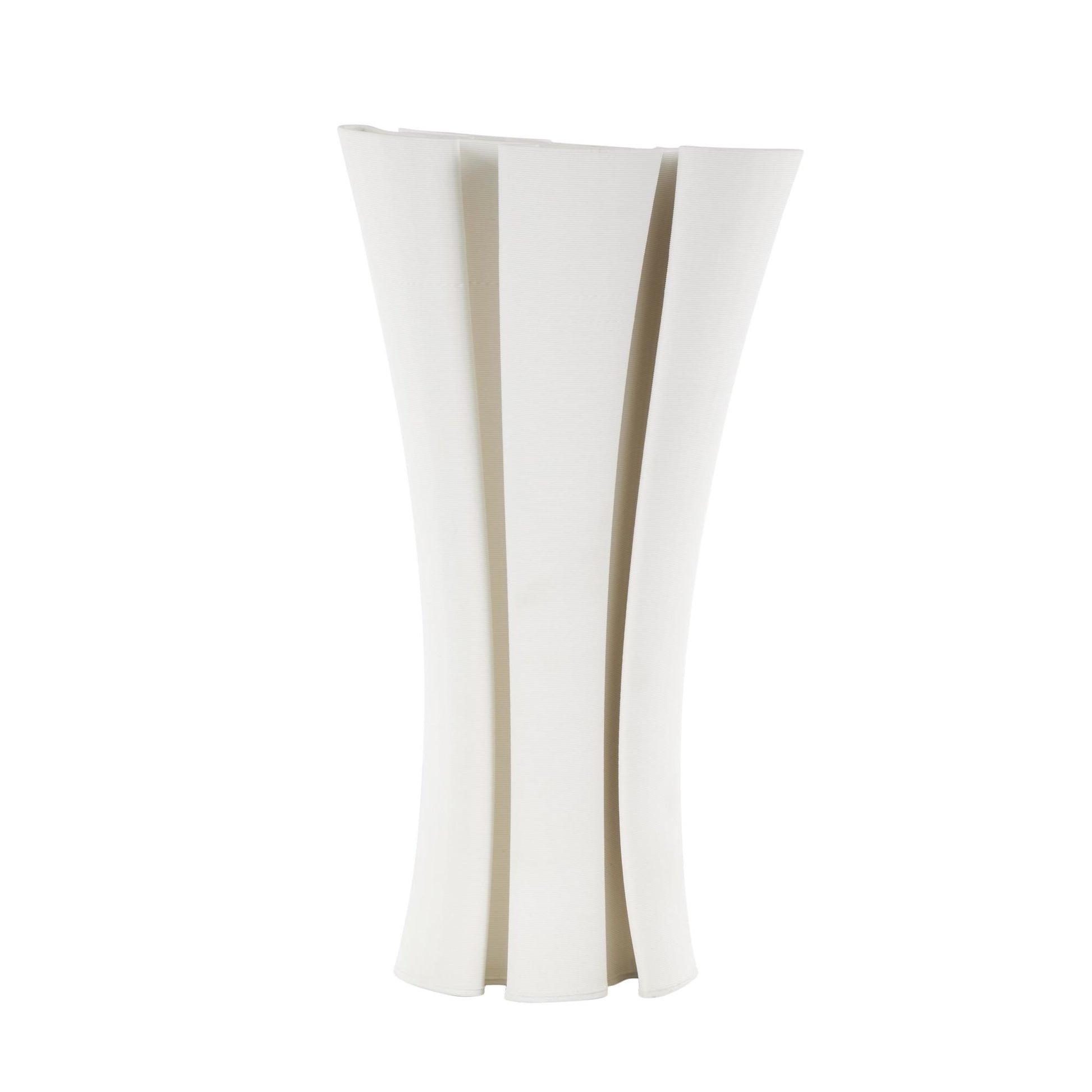 Abstract White Ceramic Ribbed Dimensional Folded Decorative Vase with Curvy Rim