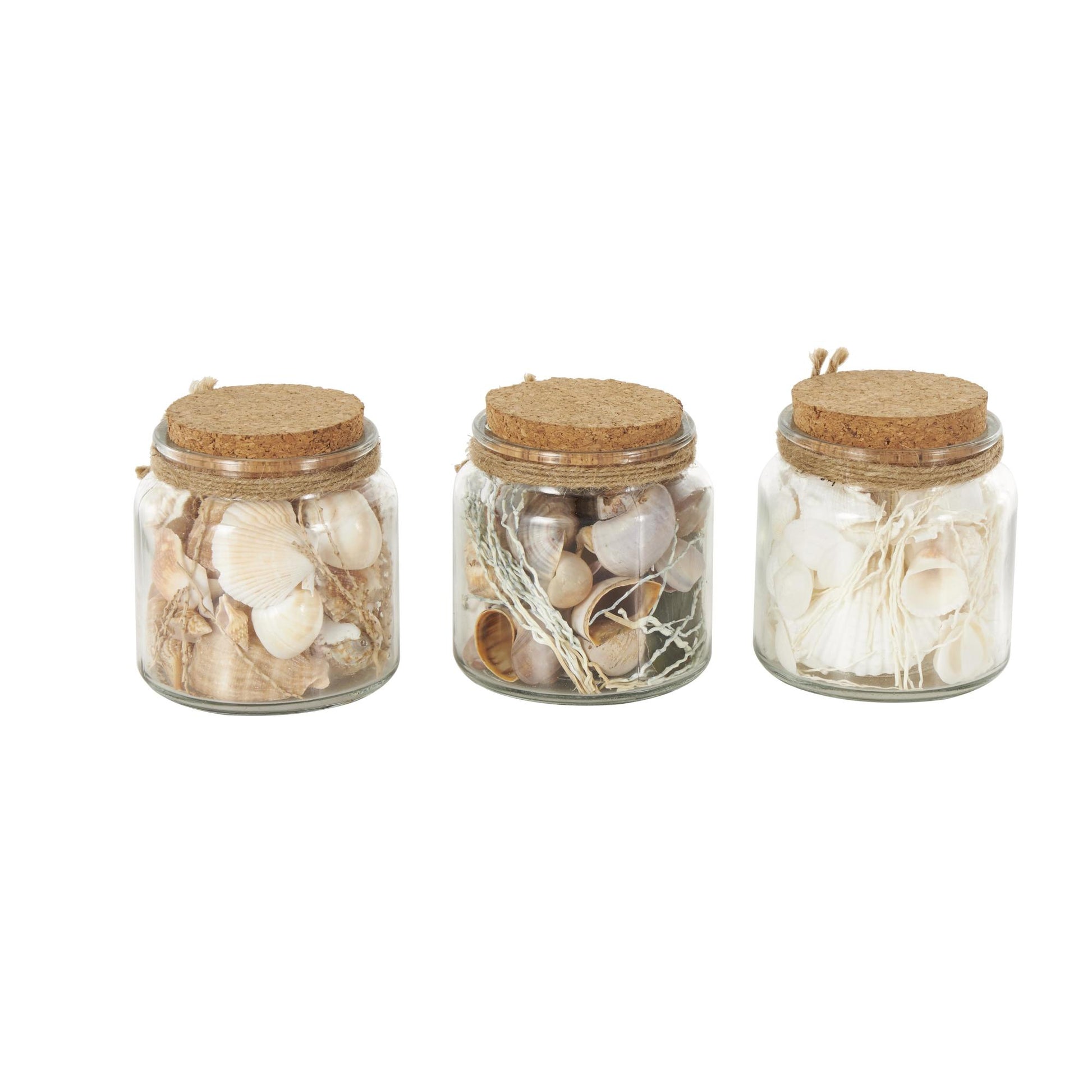 Set of 3 Clear Glass Decorative Orbs & Vase Filler with Seashells and Jute Rope Accents