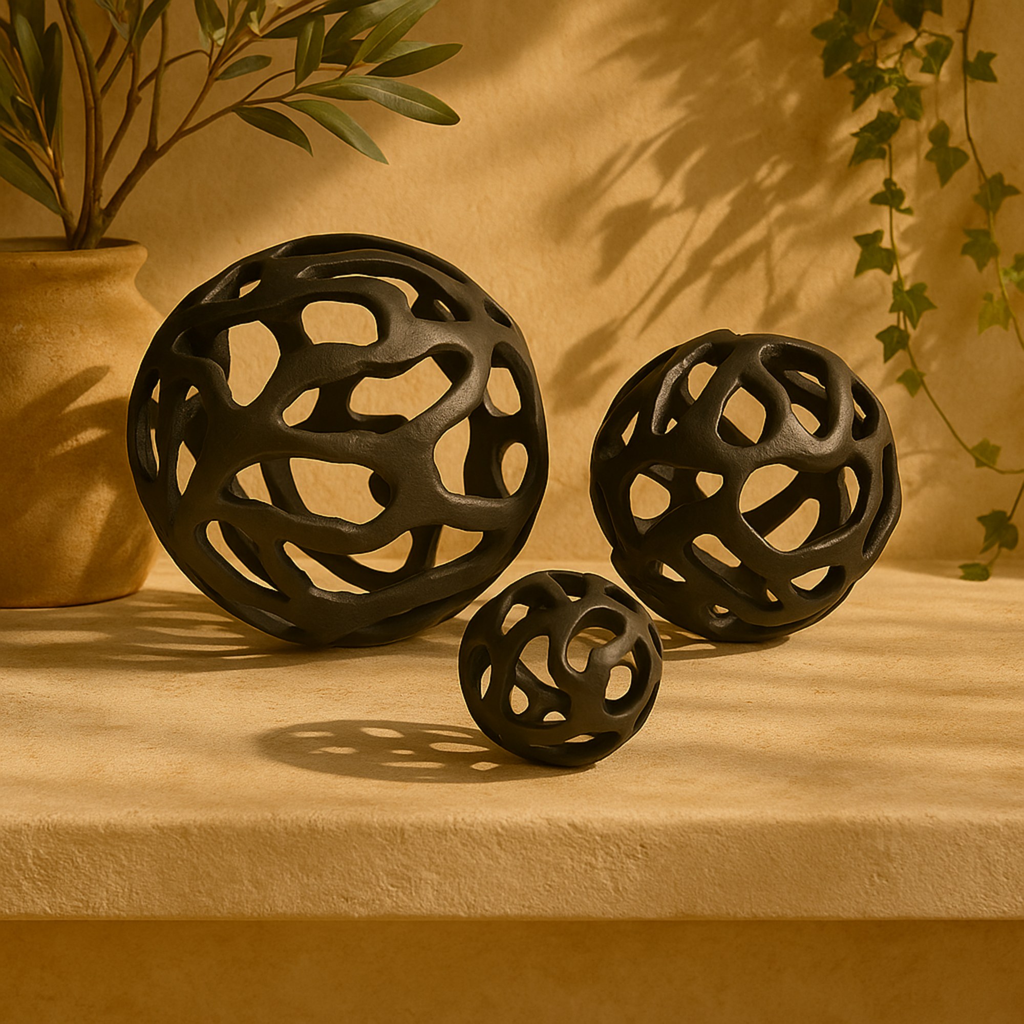 Set of 3 Geometric Aluminum Metal Decorative Sculpture Set of 3 8", 6", 4"W