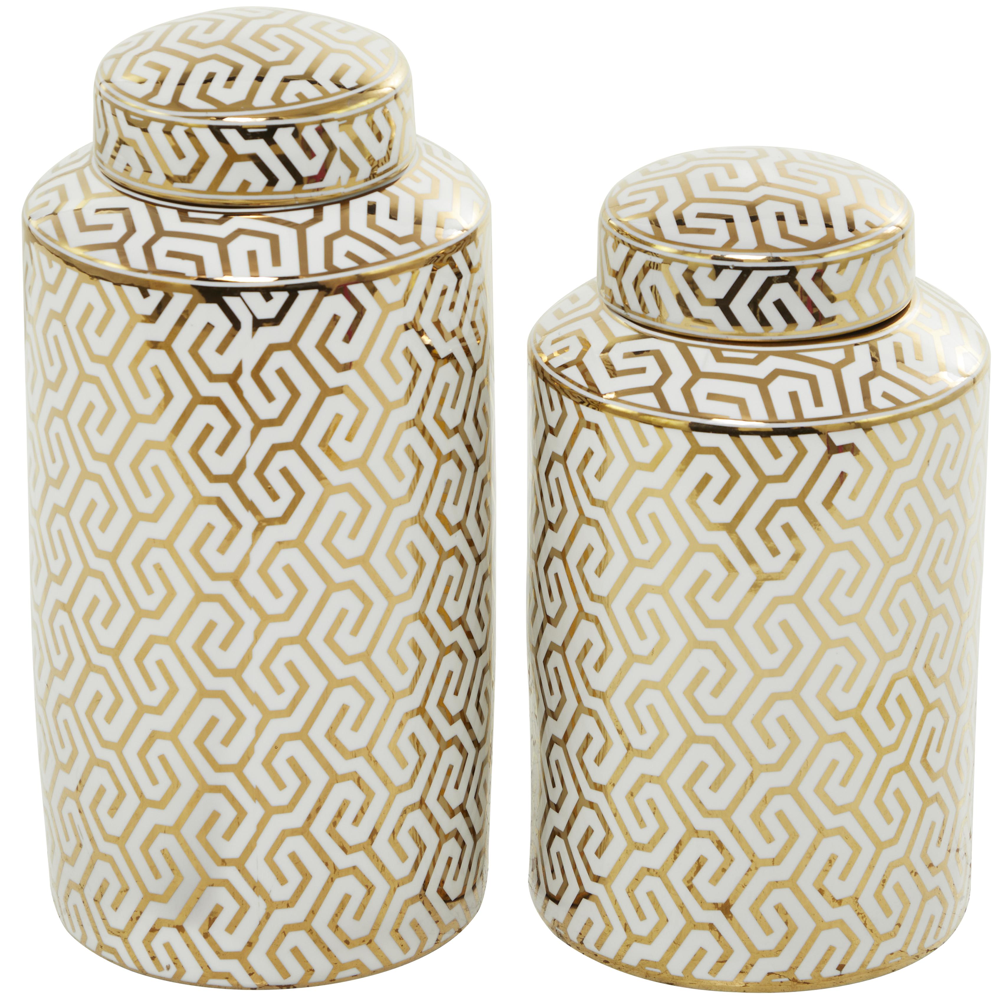 Set of 2 Geometric Ceramic Living Room Decorative Jars with White Accents