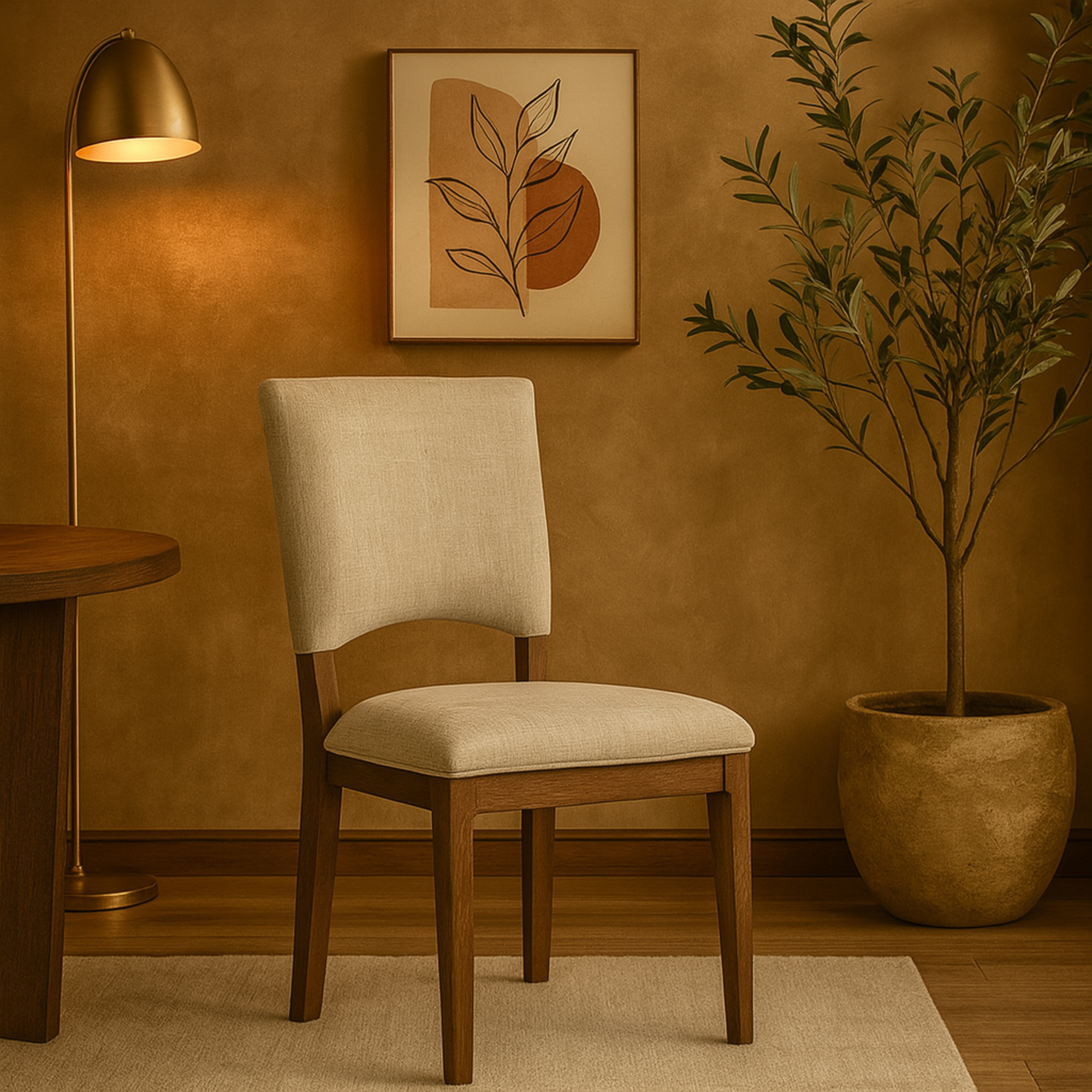 Set of 2 Cream Fabric Cutout Back Kitchen Dining Chair with Brown Wooden Legs