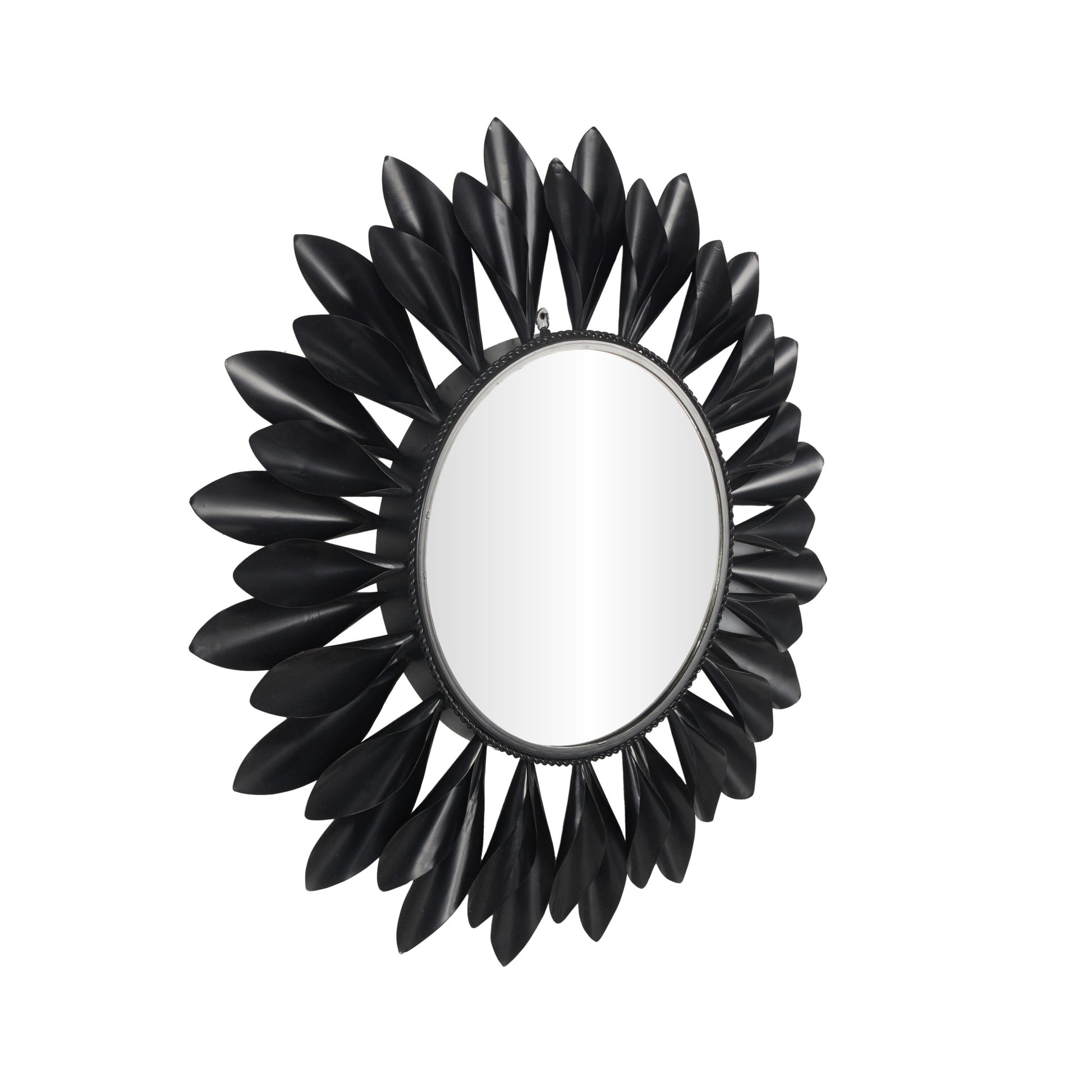 Black Metal Room Wall Mirror with Beaded Detailing and Leaves