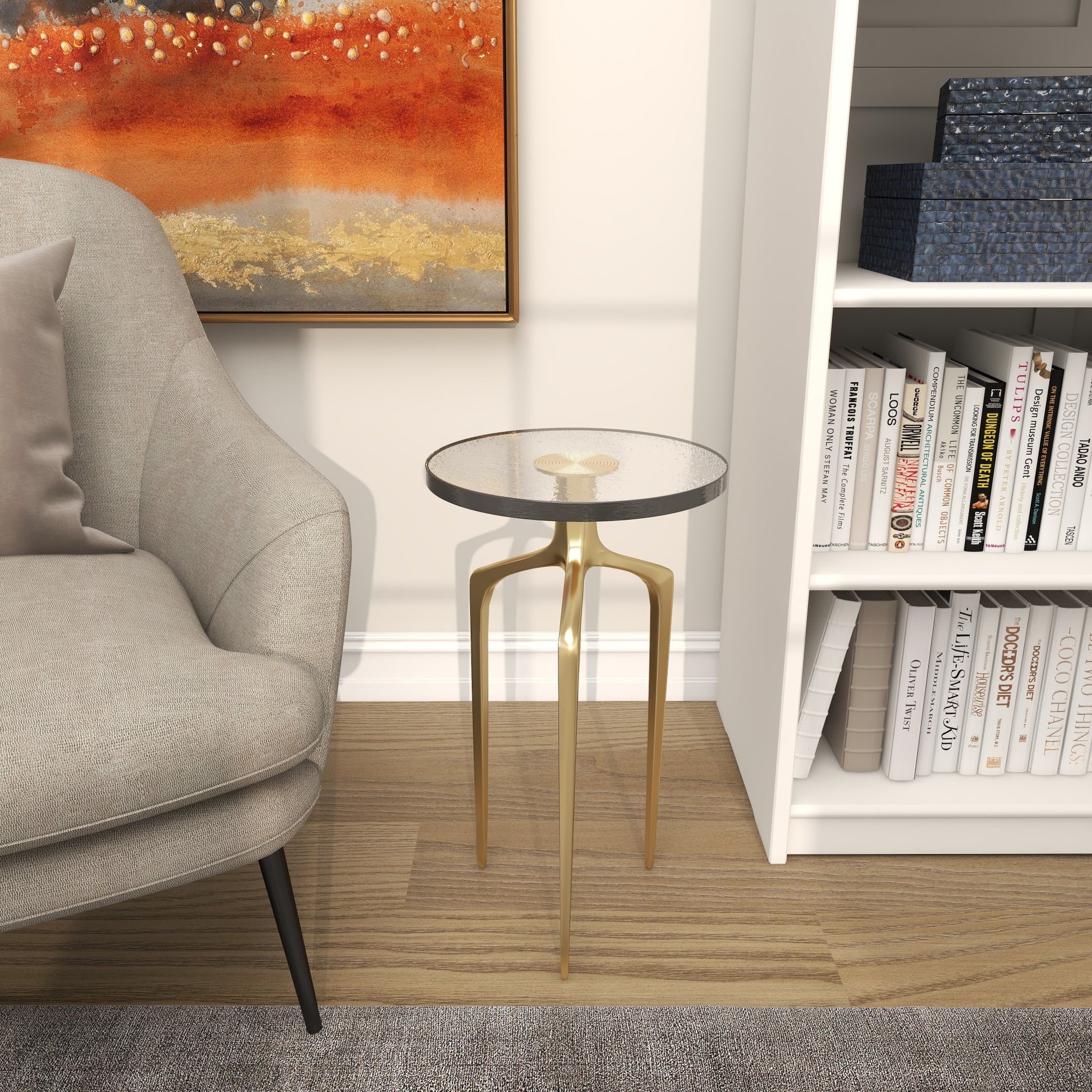 Aluminum Metal Small Tripod Side End Accent Table with Textured Glass Tabletop