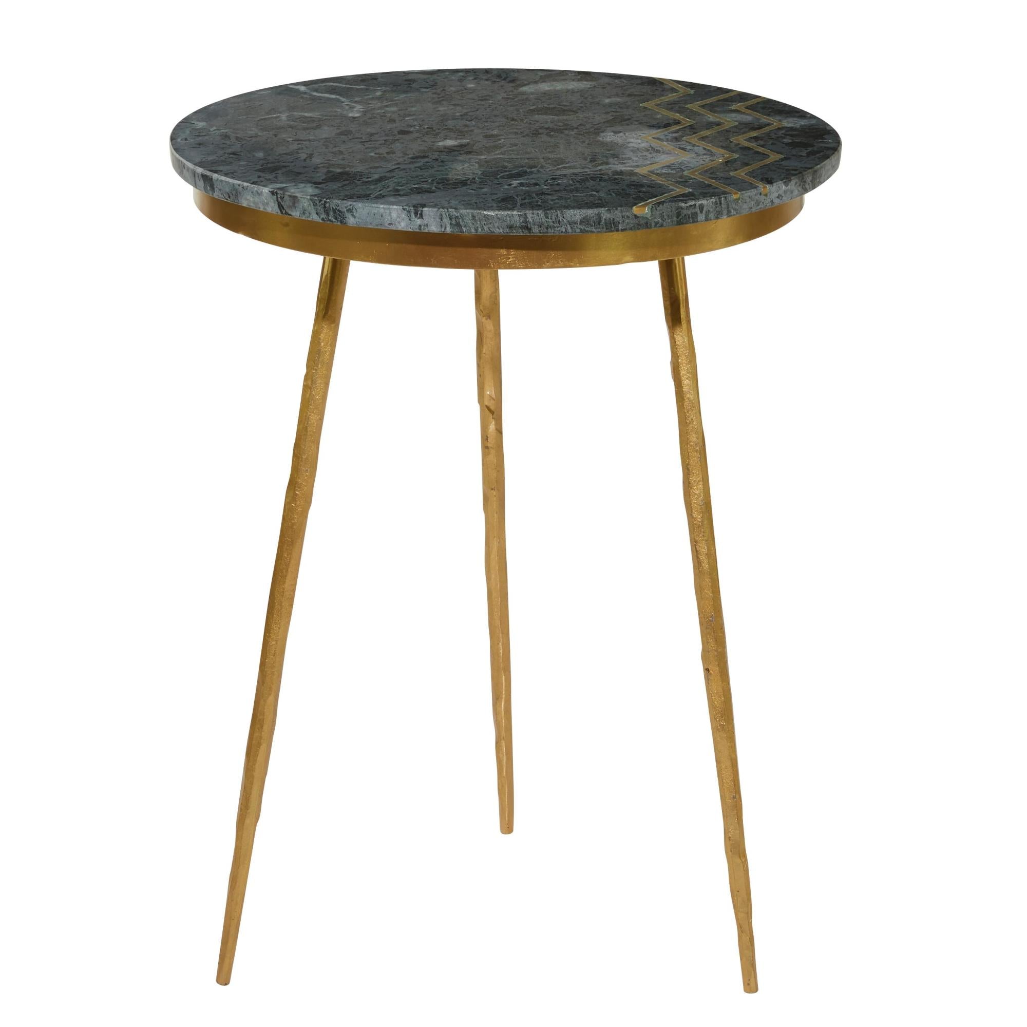 Green Marble Side End Accent Table with Gold Metal Tripod Legs and Zig-Zag Detail