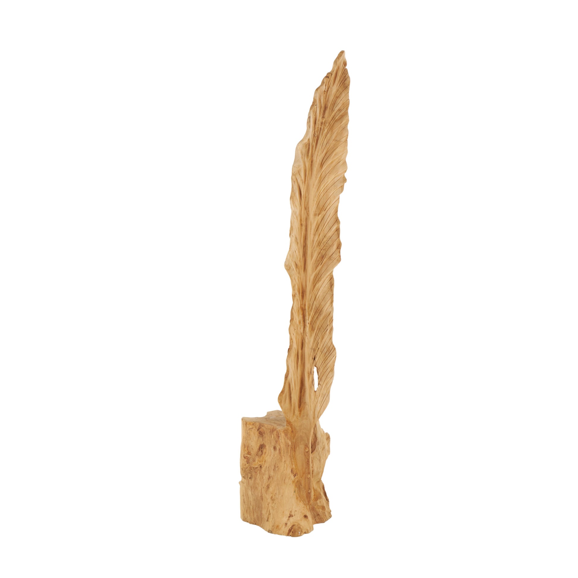 Leaf Brown Teak Wood Live Edge Floor Decorative Sculpture with Tree Stump Base