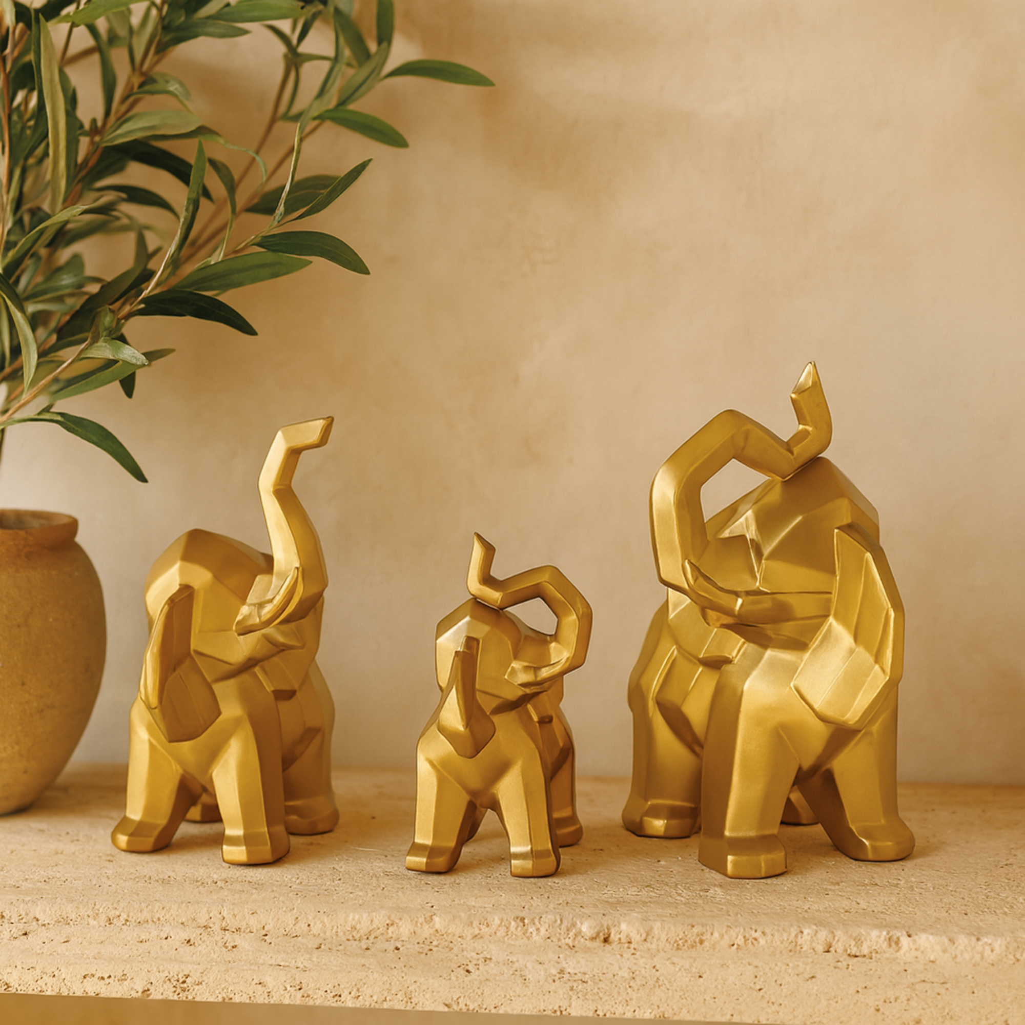 Set of 3 Elephant Porcelain Ceramic Cubist Decorative Sculpture Set of 3 12", 11", 8"H