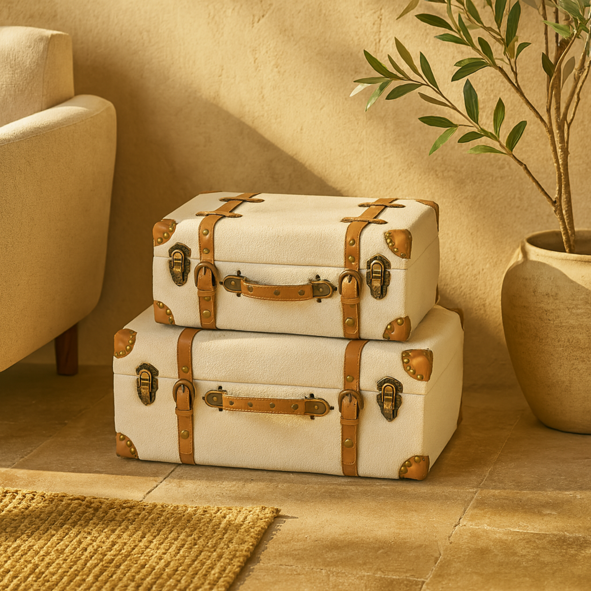 Set of 2 Light Gray Wooden Vintage Storage Decorative Trunk with Brown Leather Accents and Bronze Latches