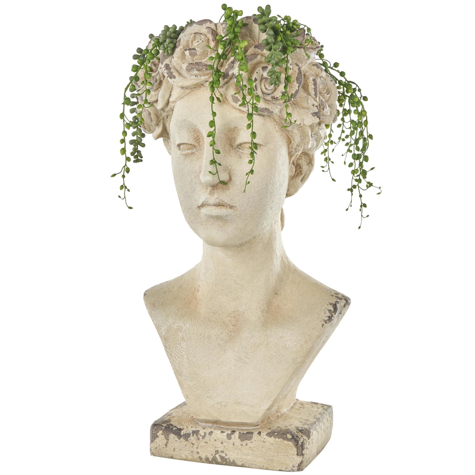 Woman Cream Magnesium Oxide Distressed Antique Greek Bust Indoor Outdoor Planter with Floral Accents