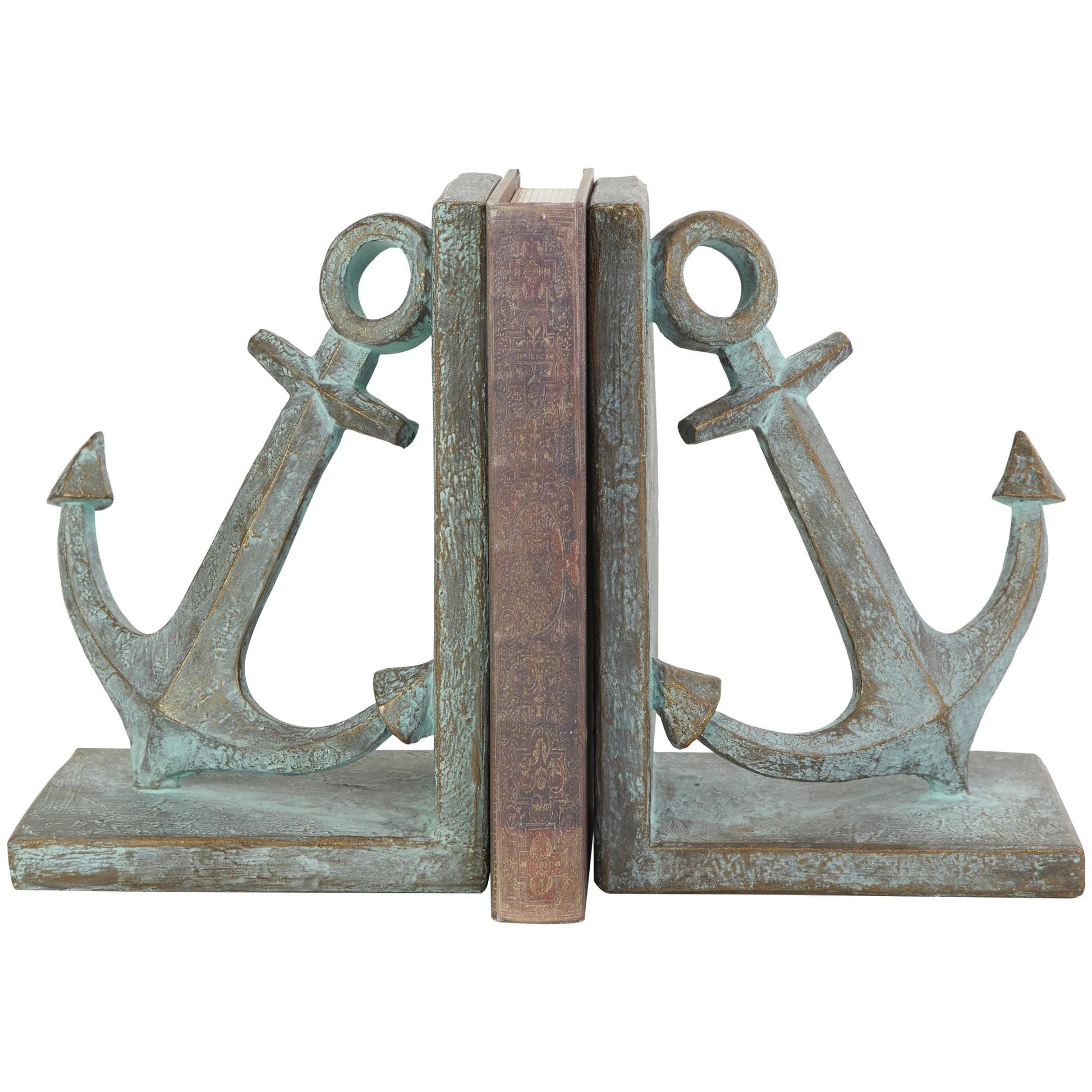 Set of 2 Anchor Blue Polyresin Distressed Patina Decorative Bookends with Gold Foil Accents
