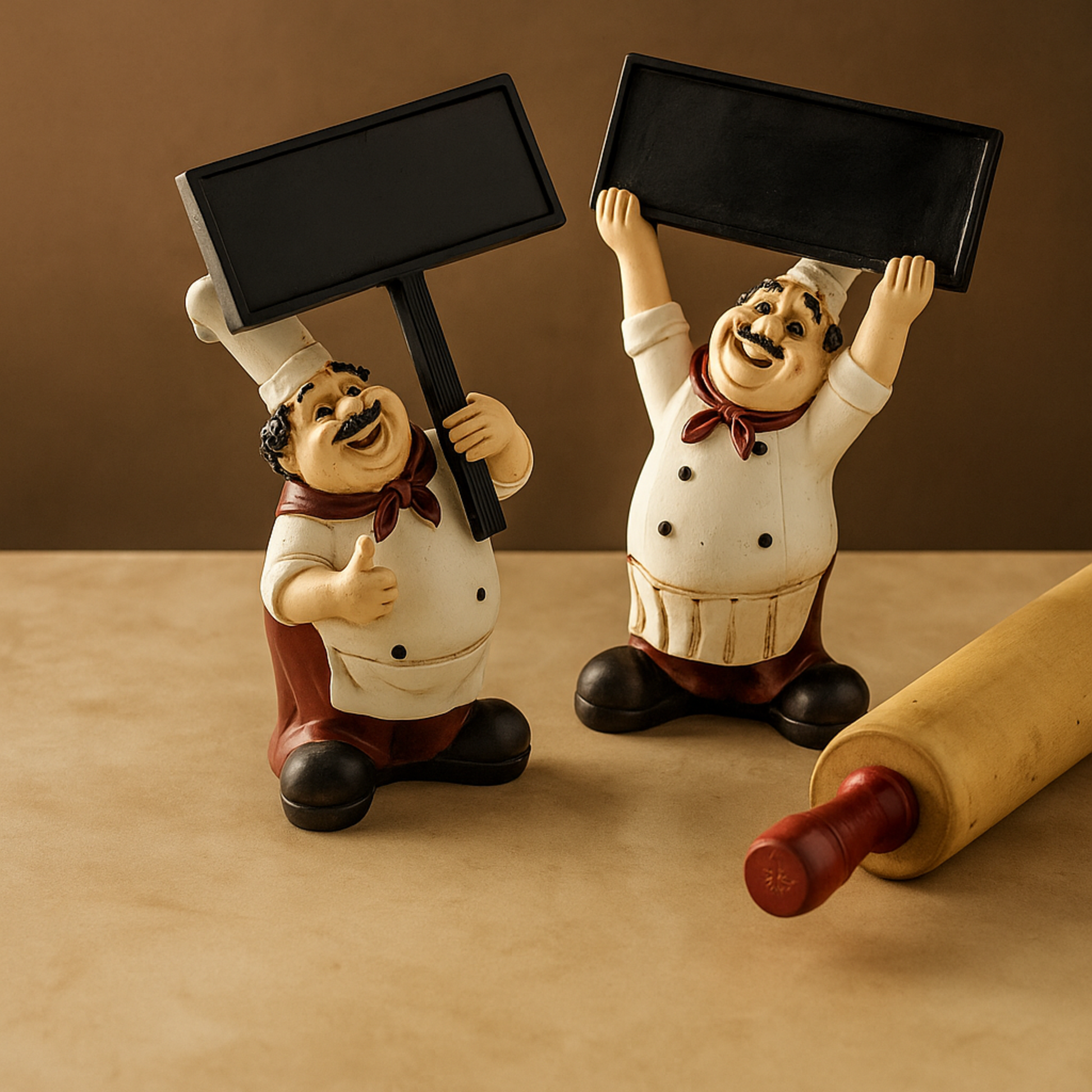 Set of 2 Chef White Polystone Kitchen Decorative Figurine Decorative Sculpture with Chalkboard Signs